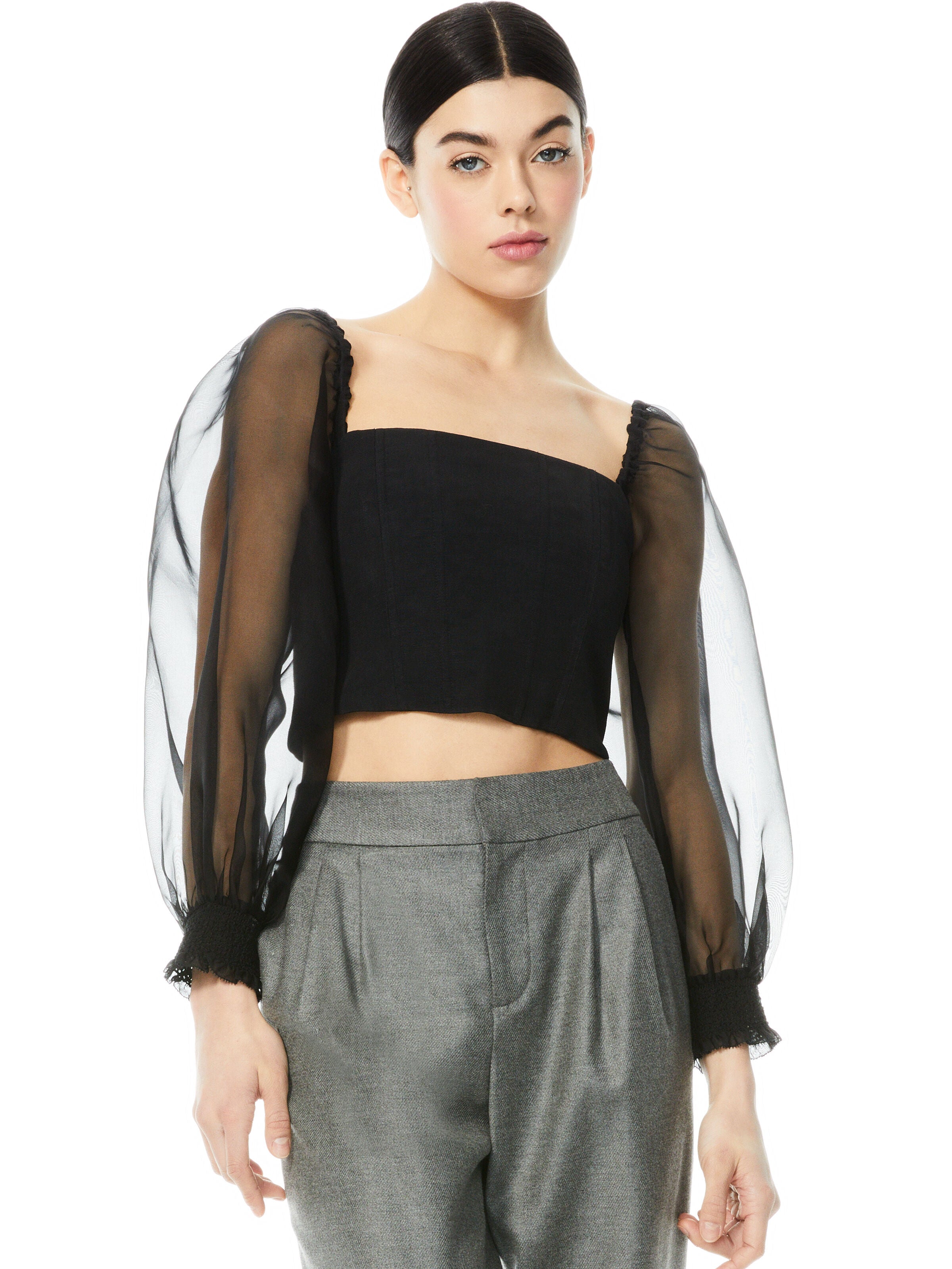 BRONTE BLOUSON SLEEVE CROP TOP-Black-ALICE + OLIVIA