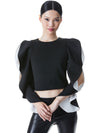 OLLIE RUFFLE SLEEVE CROP TOP-BLACK/OFF WHITE-ALICE + OLIVIA