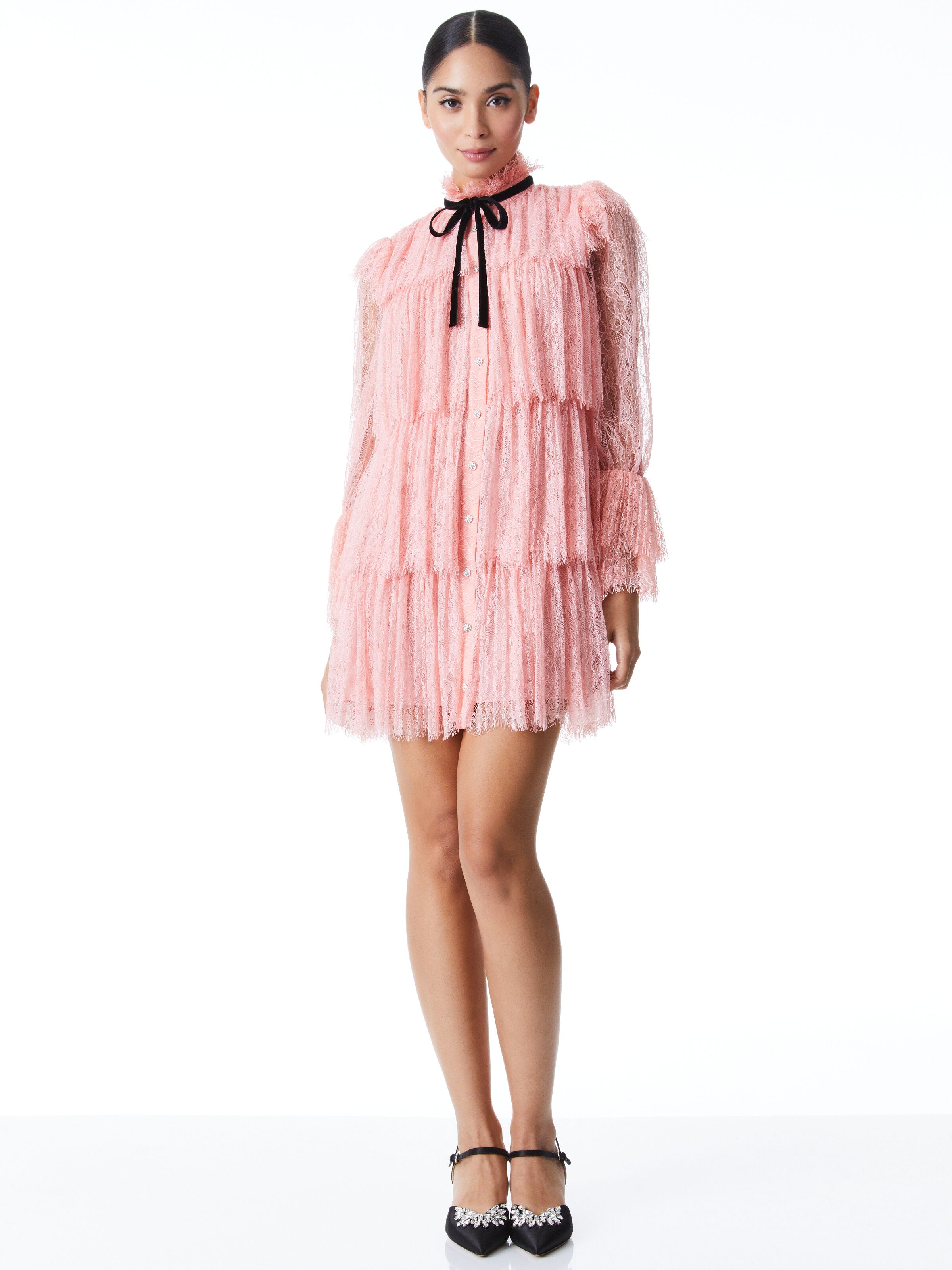 JOANIE TIERED RUFFLE BUTTONDOWN DRESS-PINK/BLACK-ALICE + OLIVIA
