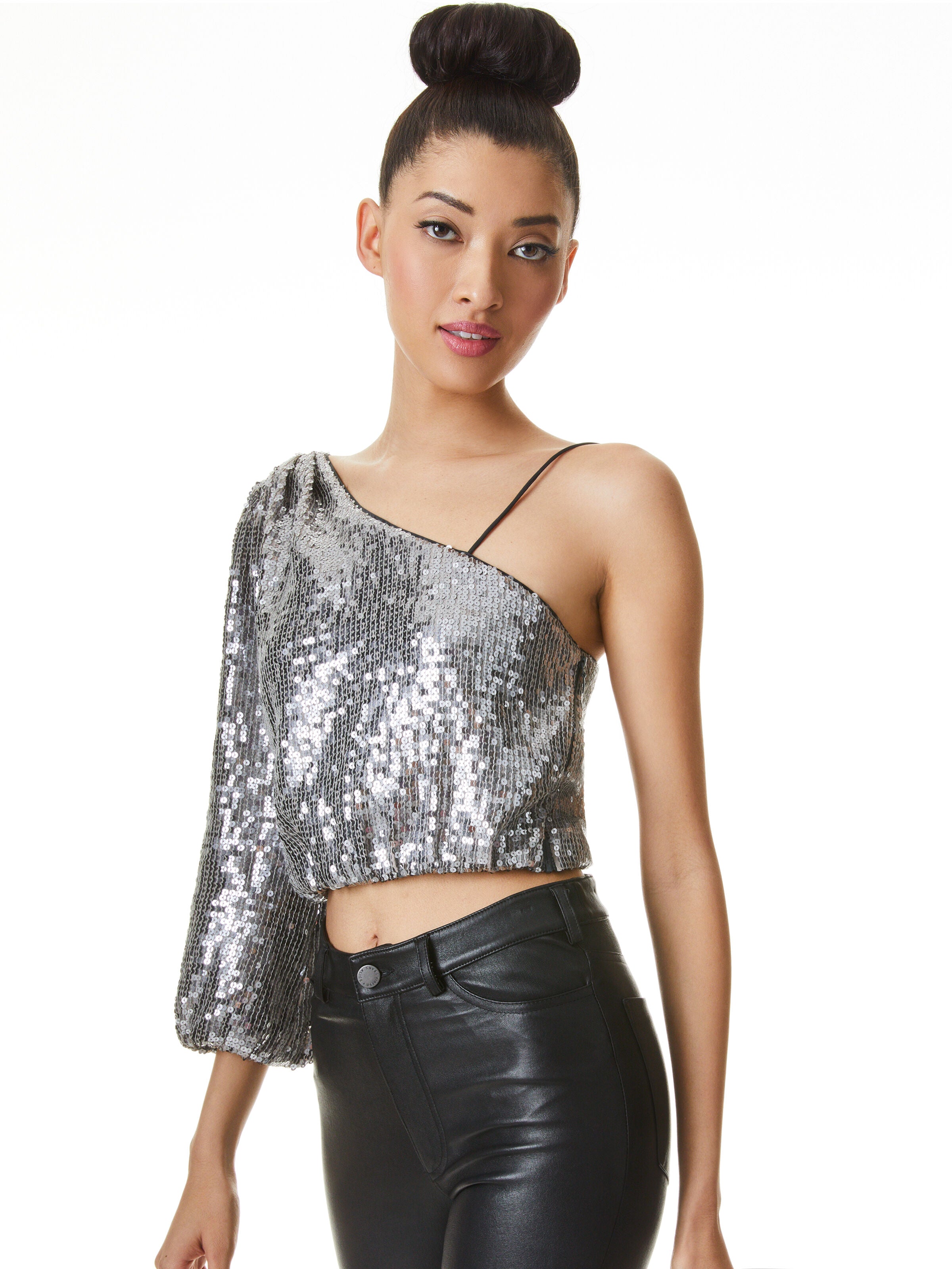 LUCINDA SEQUIN ASYMMETRICAL TOP-SILVER/GUNMETAL-ALICE + OLIVIA