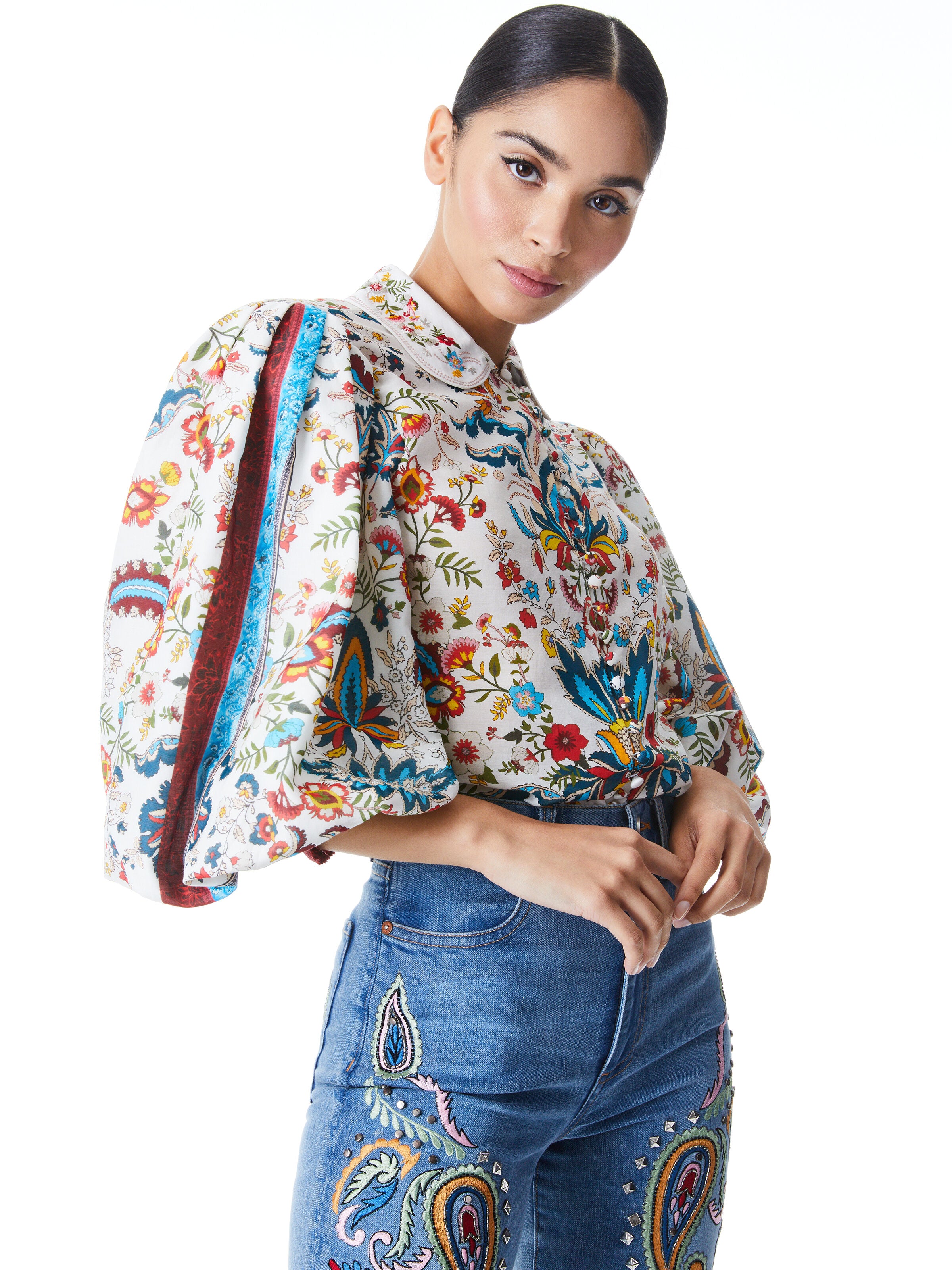 APRIL EMBROIDERED FLORAL BLOUSE-SANTA MONICA MULTI-ALICE + OLIVIA