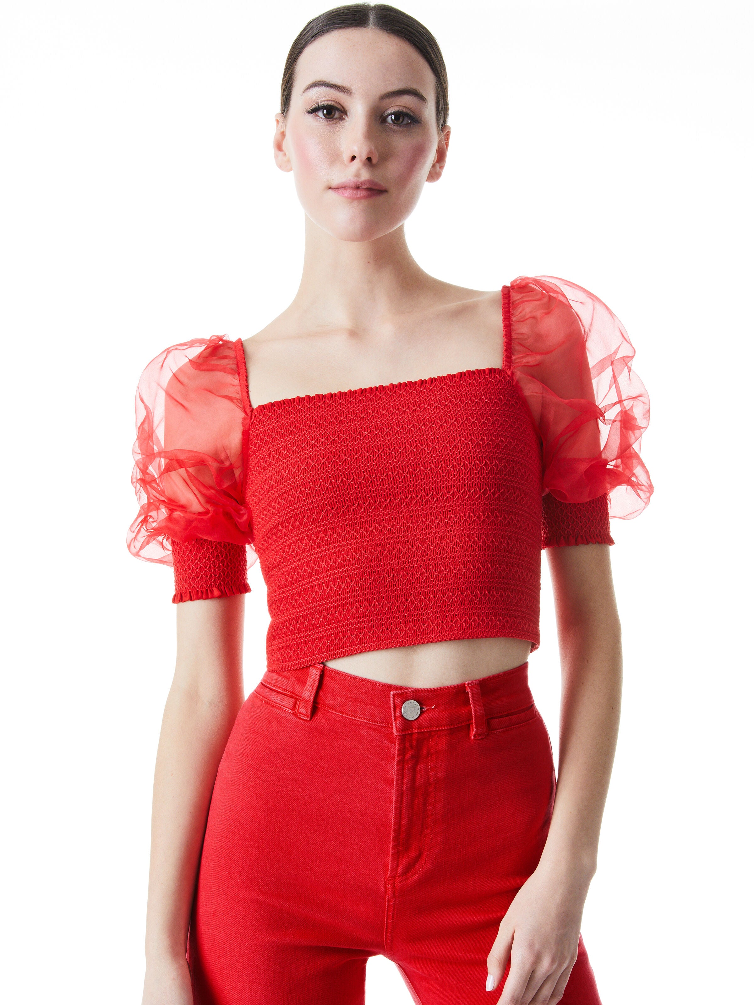LISBETH SMOCKED BODICE CROP TOP-BRIGHT POPPY-ALICE + OLIVIA