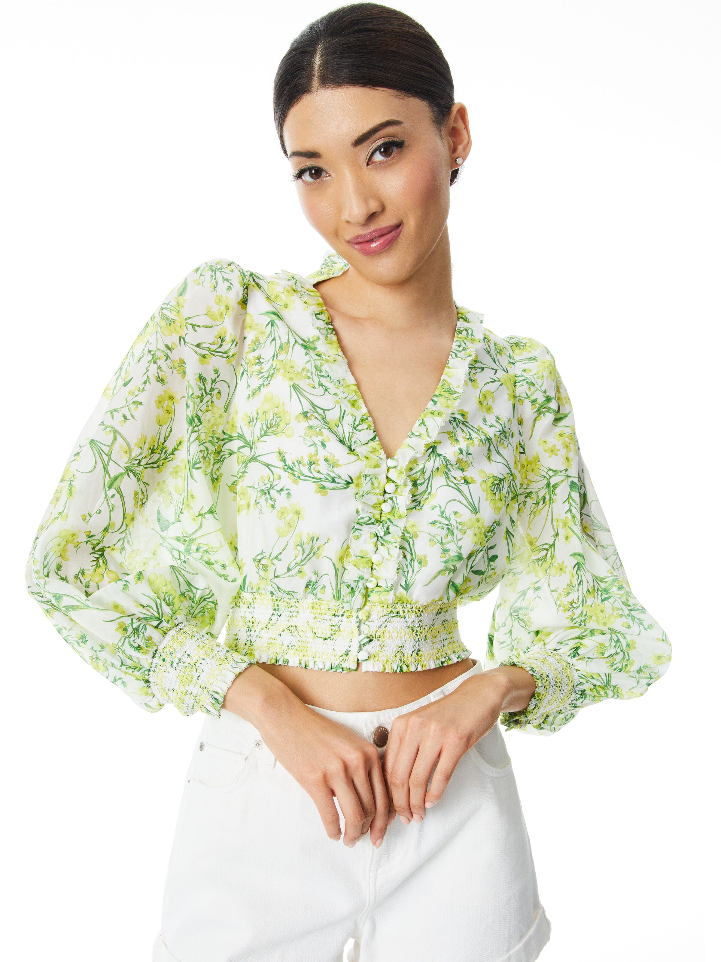 CALLICO FRONT RUFFLE SMOCKED WAIST BLOUSE-SUN DITSY OFF WHITE-ALICE + OLIVIA