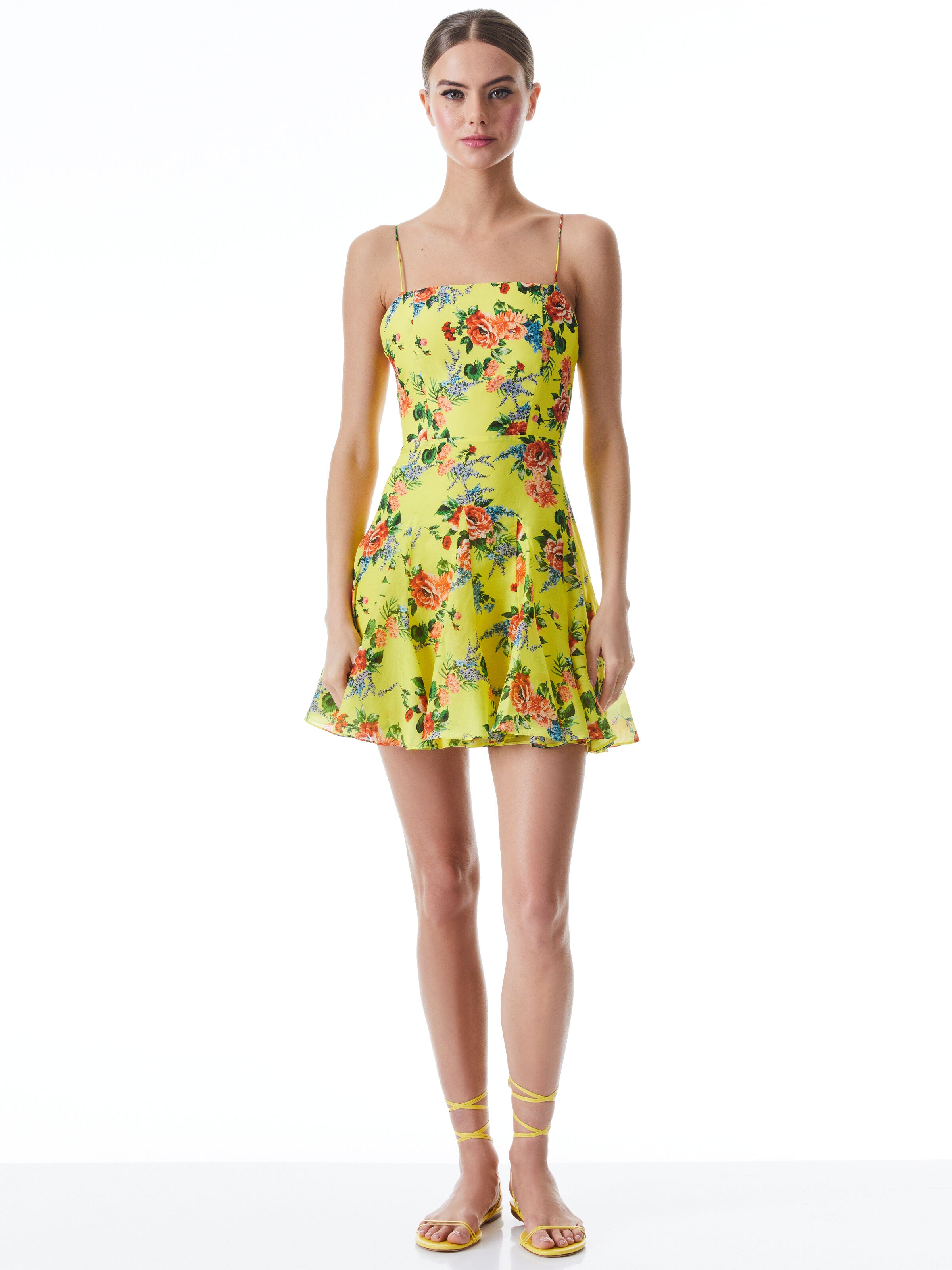 GINNY SPAGHETTI STRAP GODET DRESS-FLORAL EXPRESS LEMON SORBET-ALICE + OLIVIA