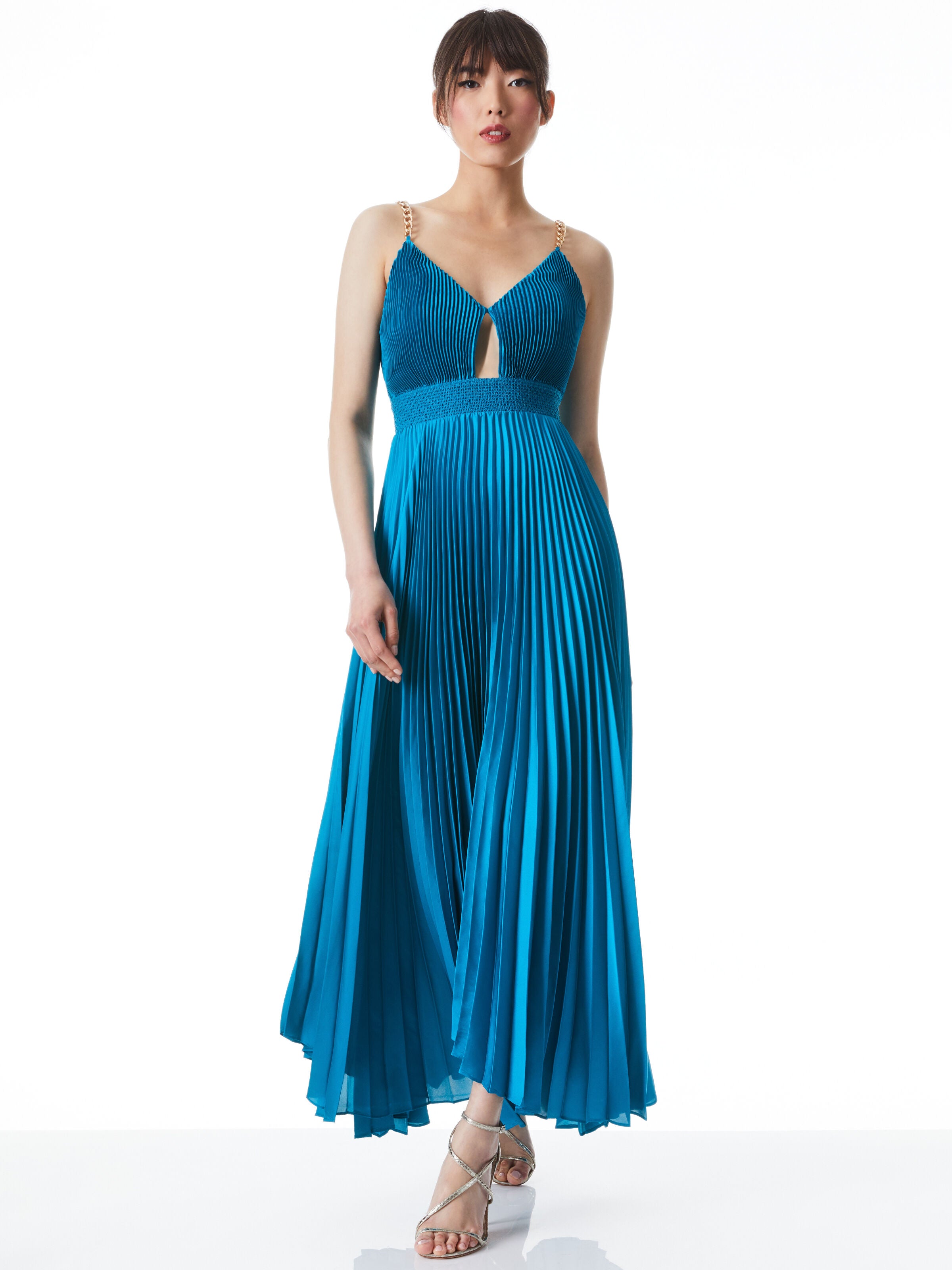 ABITO LUNGO PLISSÉ GLORIA CON CATENELLA SULLE SPALLINE-ALICE + OLIVIA
