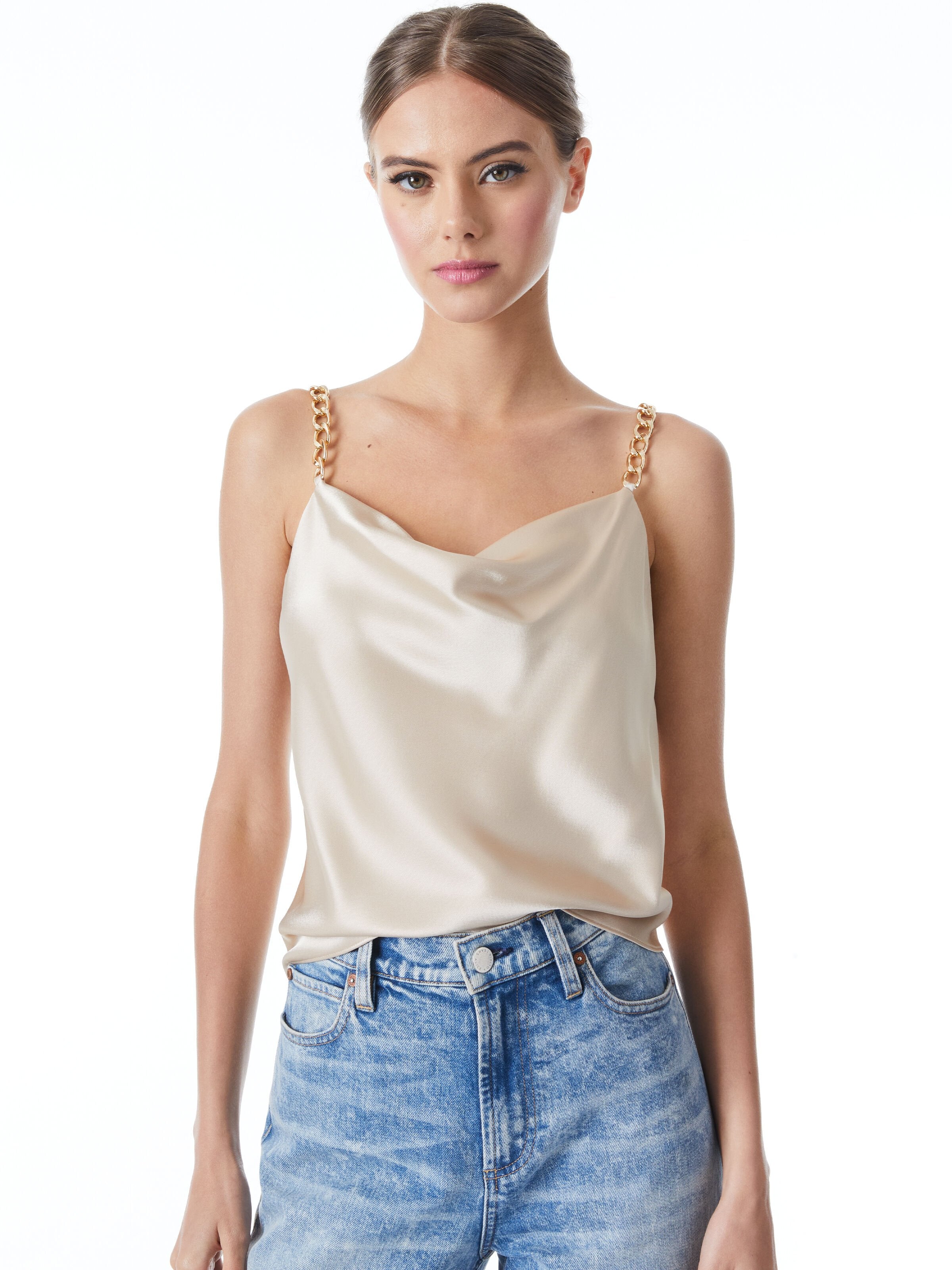 TOP EN SATIN DRAPÉ À FINES BRETELLES HARMON CHAIN-ALICE + OLIVIA