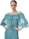 ALTA OFF THE SHOULDER RUFFLE BLOUSE-WASHED GEO-ALICE + OLIVIA