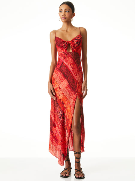 HARMONY DRAPEY ASYMMETRICAL MIDI DRESS in VINTAGE SUMMER BRIGHT CORAL
