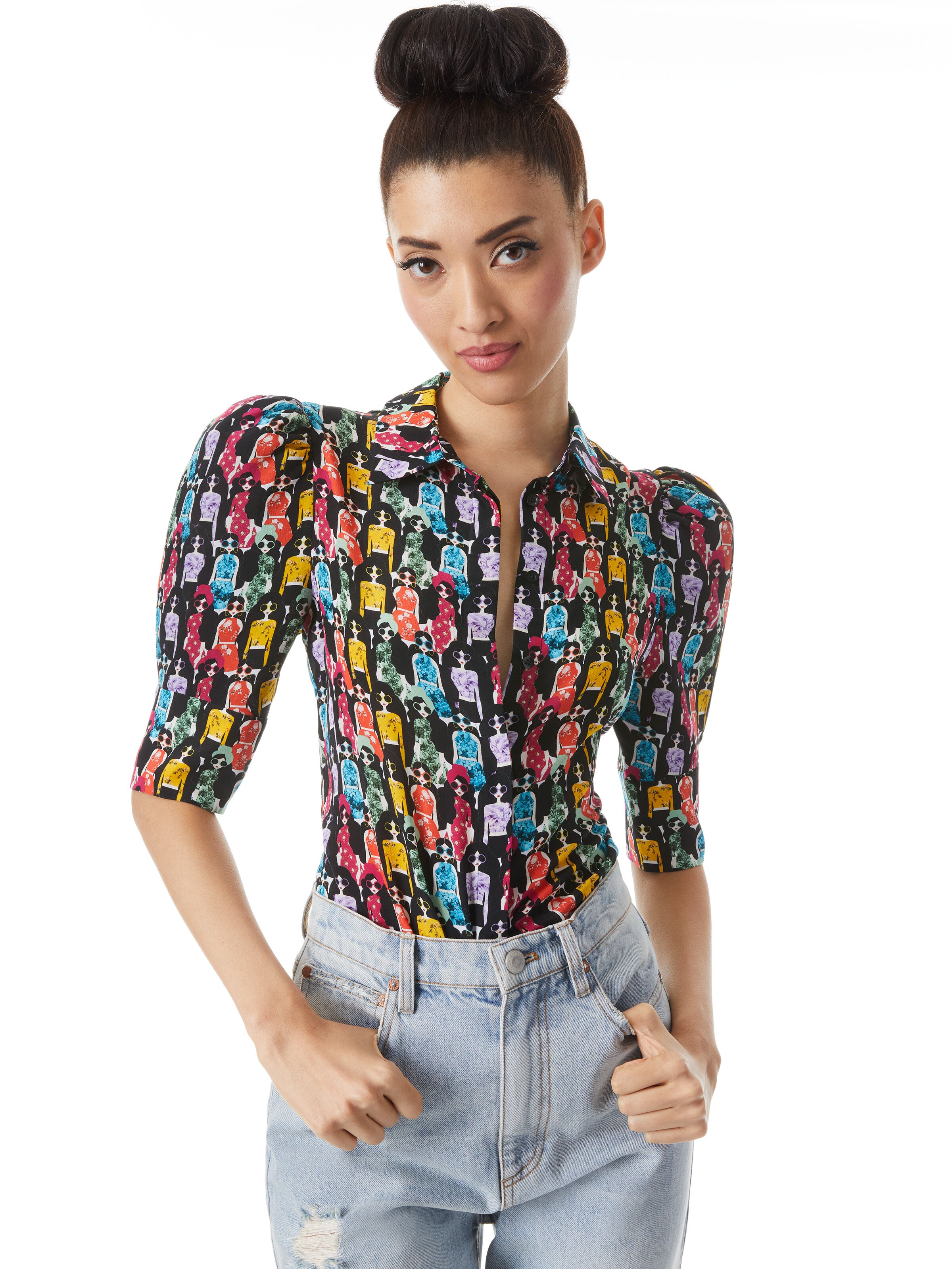 WILLA SCRUNCHED PUFF SLEEVE PLACKET TOP-STACE SQUAD-ALICE + OLIVIA