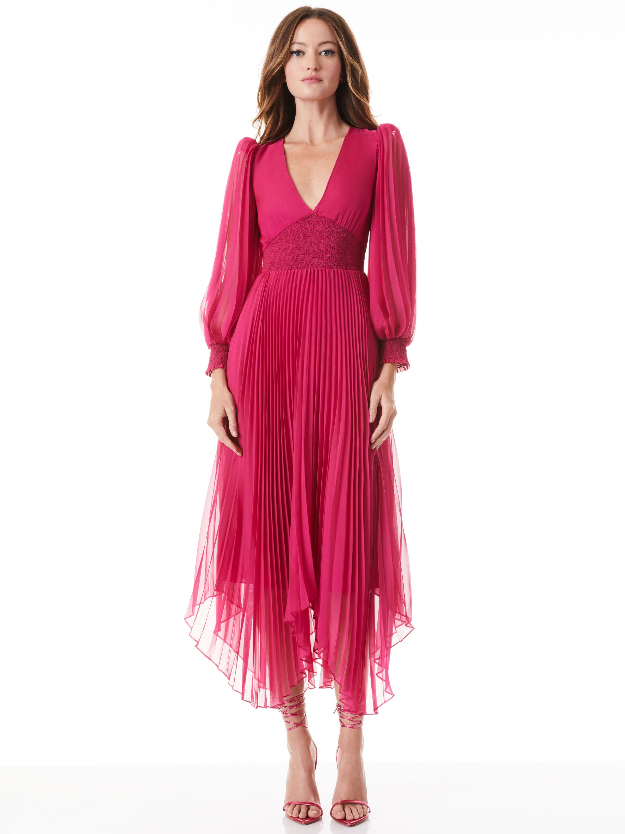 SION SUNBURST PLEATED SMOCKED WAIST MIDI DRESS-RASPBERRY-ALICE + OLIVIA