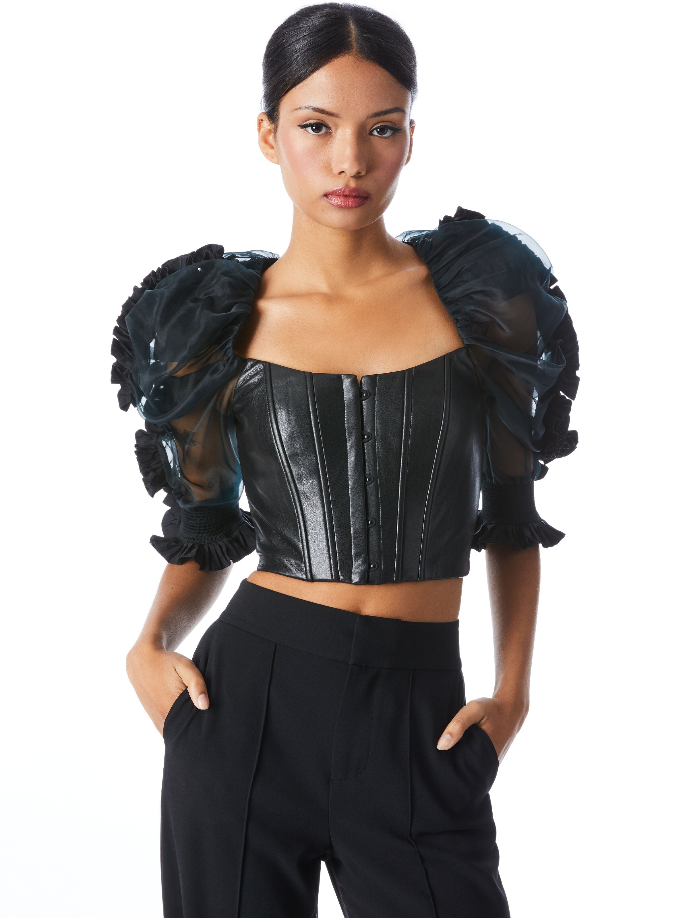 FANTASIA PLEATED SLEEVE BUSTIER-Black-ALICE + OLIVIA