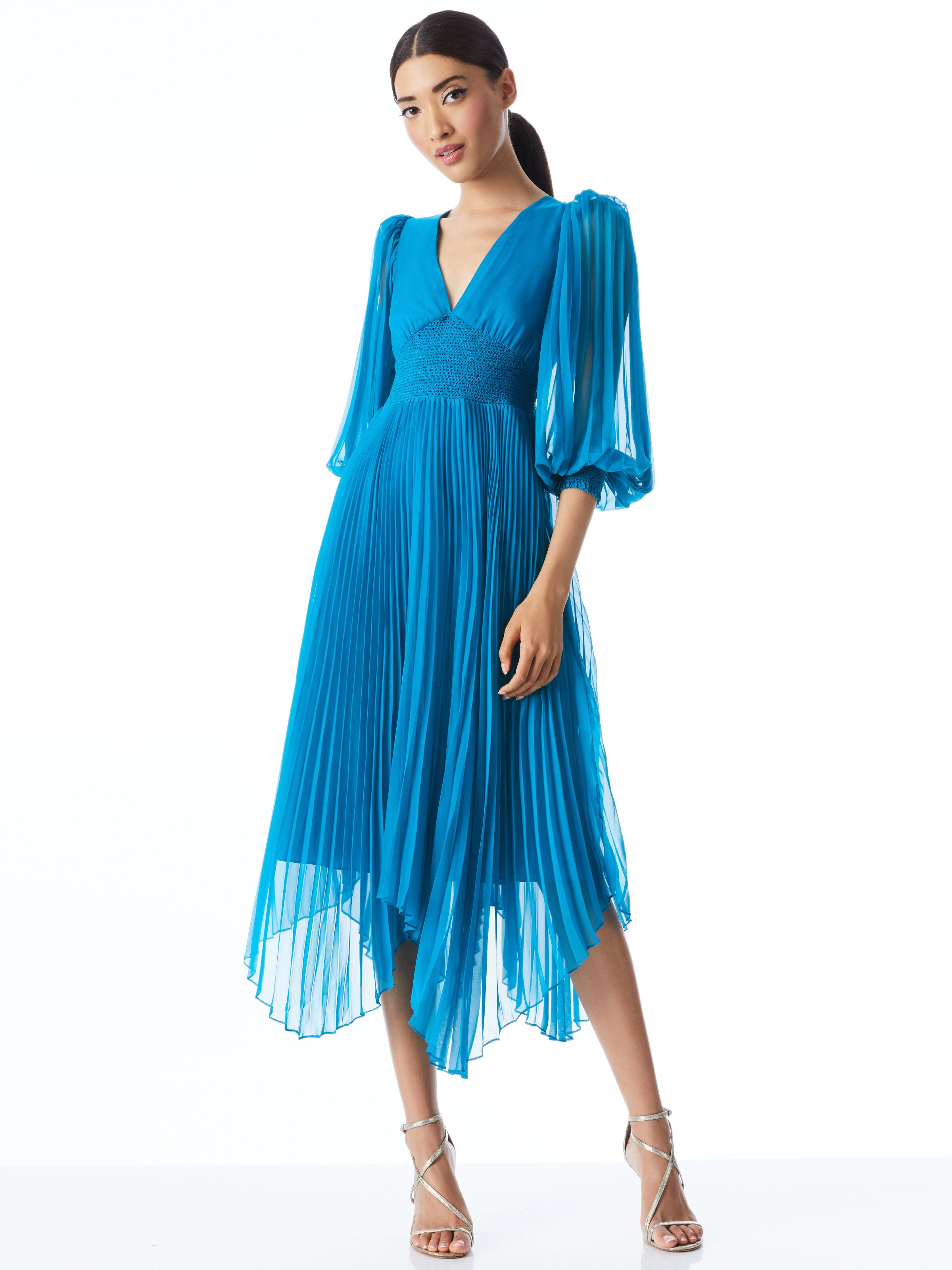 ABITO MIDI SION SUNBURST CON PLISSÉ E VITA SMOCK-ALICE + OLIVIA