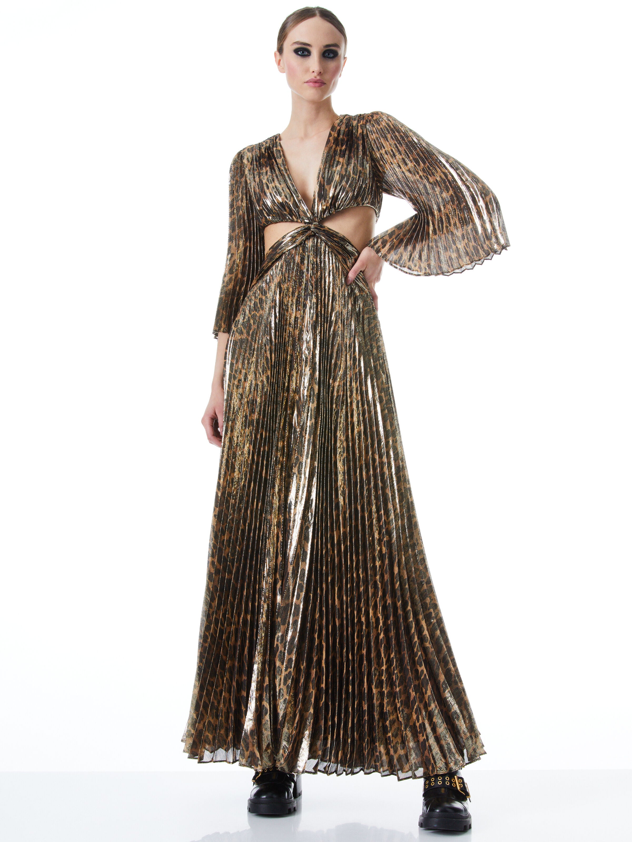 BAHAMA V-NECK CUT OUT MAXI DRESS-SPOTTED LEOPARD-ALICE + OLIVIA