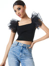 MERIDA SQUARE NECK RUFFLE SLEEVE CROP TOP-Black-ALICE + OLIVIA