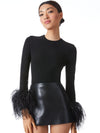 DELAINA FEATHER CUFF SLEEVE TOP-Black-ALICE + OLIVIA