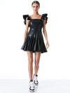 GINNY RUFFLE SLEEVE VEGAN LEATHER MINI DRESS-Black-ALICE + OLIVIA
