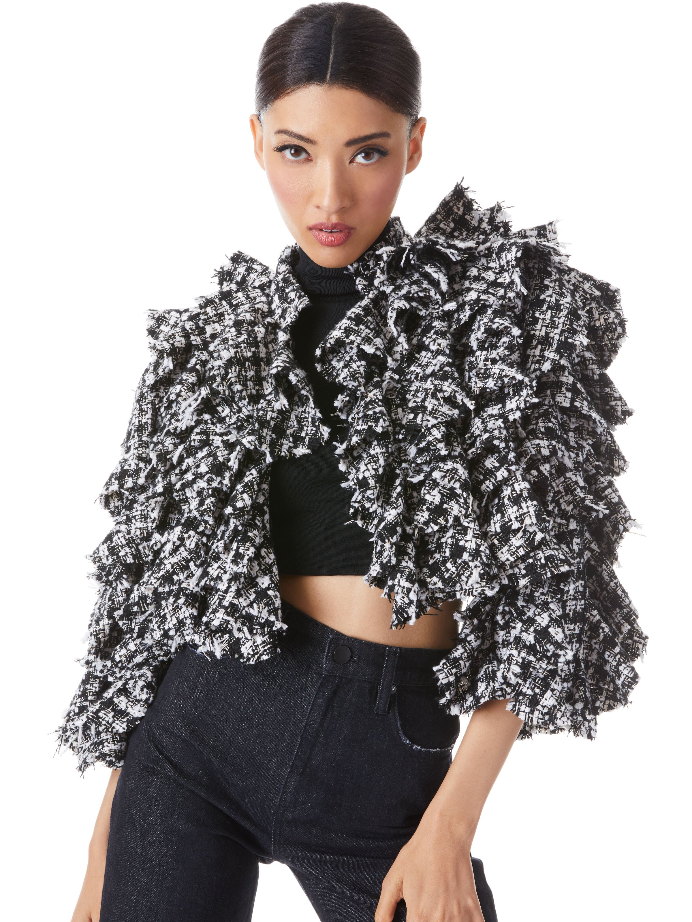 BRITTON RUFFLED CROPPED 3/4 SLEEVE JACKET-BLACK/OFF WHITE-ALICE + OLIVIA
