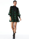ROWEN BOW NECK BLOUSON SLEEVE TIERED DRESS-BLACK/EMERALD-ALICE + OLIVIA