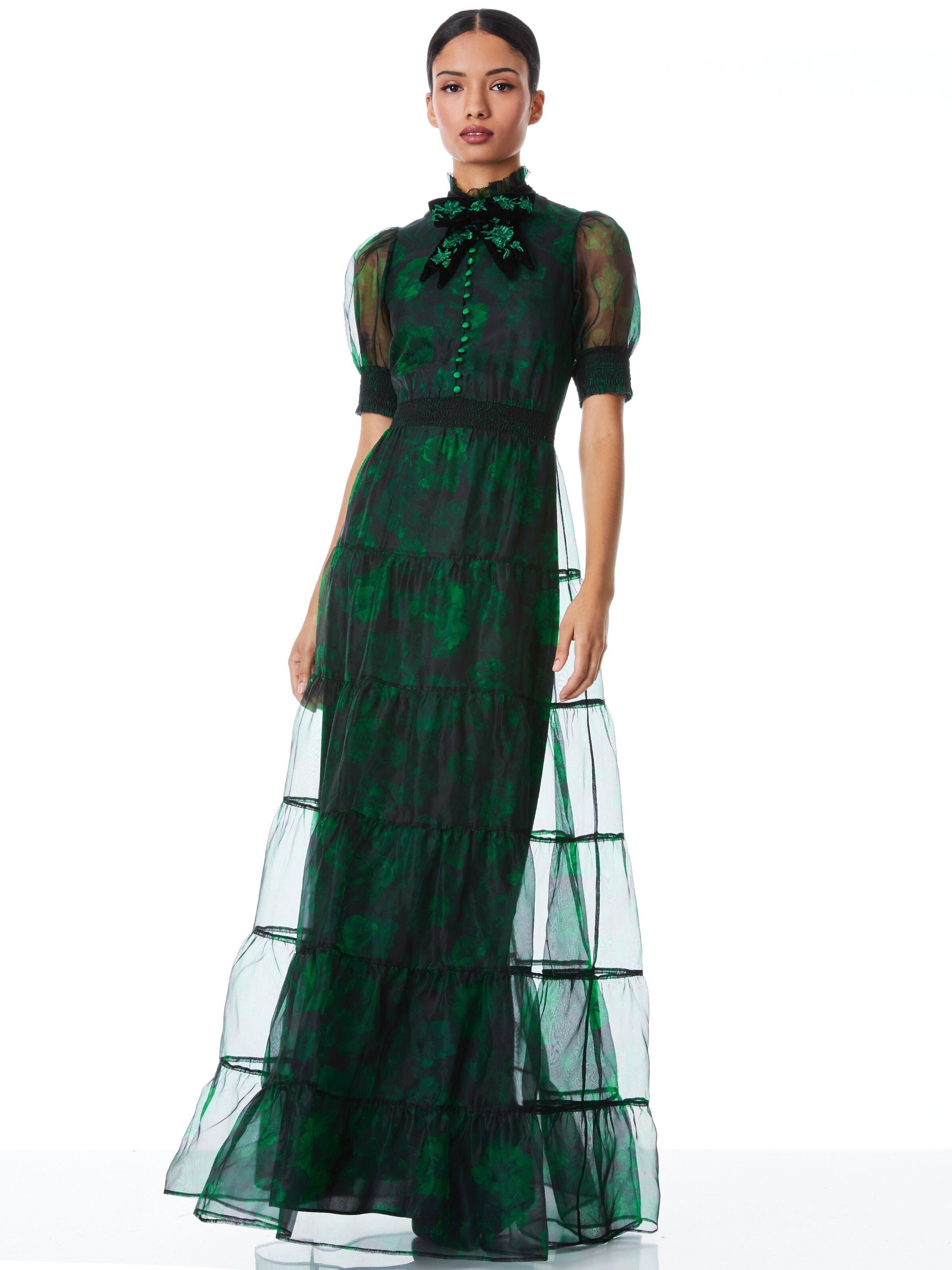 COLETTA VELVET BOW NECK BUTTON FRONT MAXI DRESS-DREAM FLORAL EMERALD-ALICE + OLIVIA