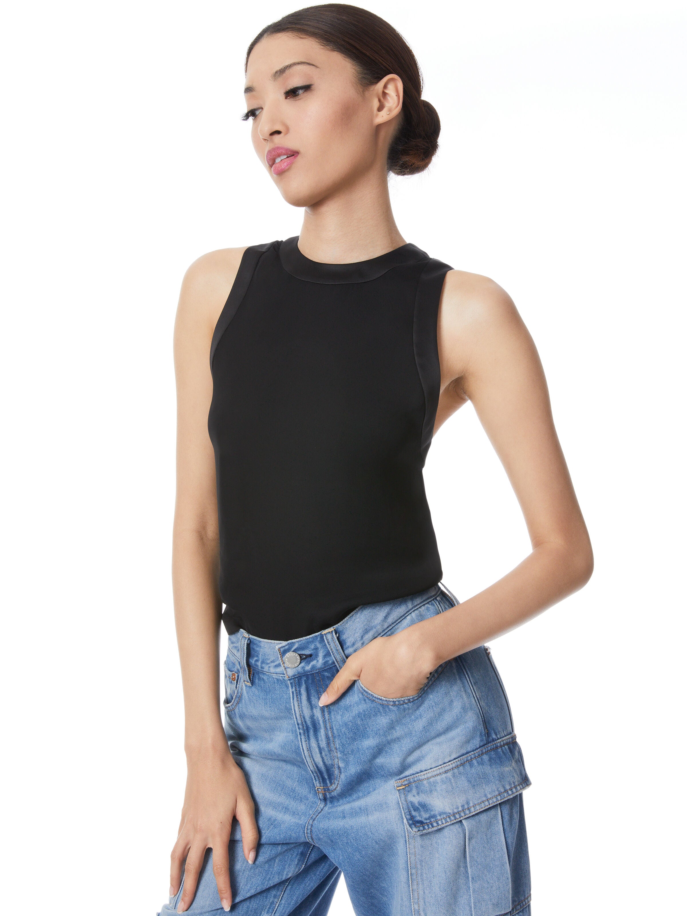 ANGELINA CHARMEUSE COMBO TANK-Black-ALICE + OLIVIA