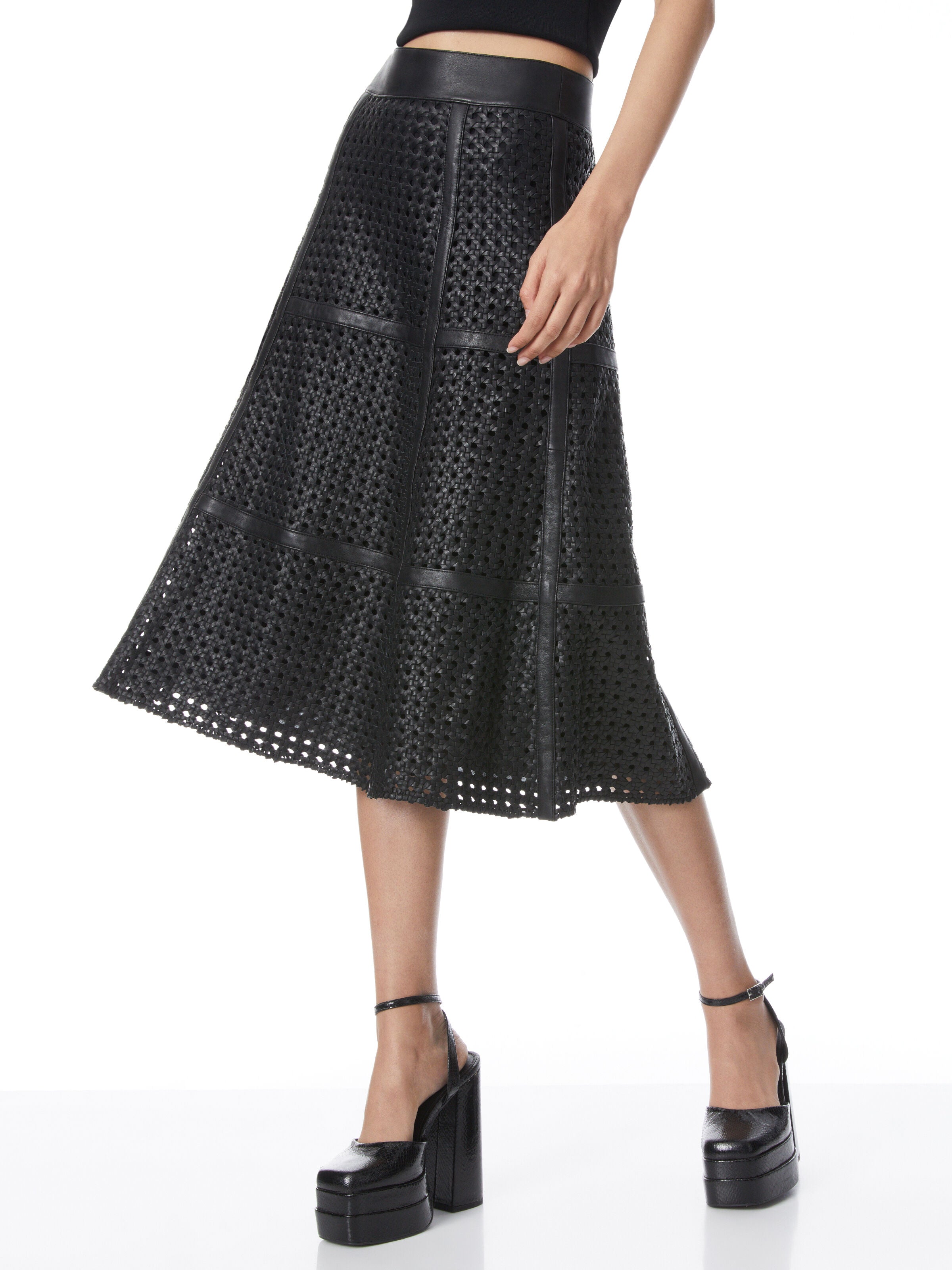SOSIE WOVEN LEATHER MIDI FLARE SKIRT-Black-ALICE + OLIVIA