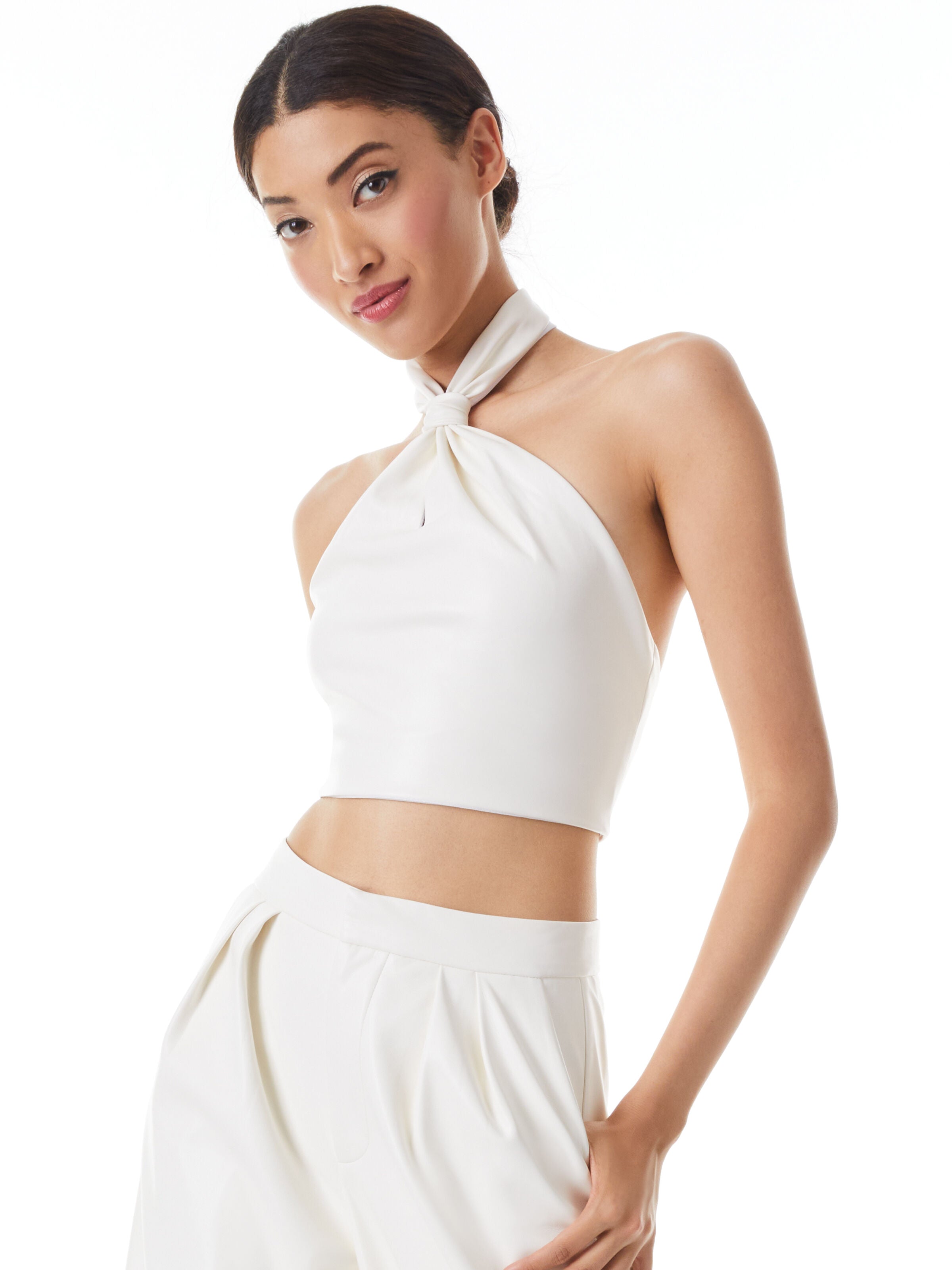 SADE VEGAN LEATHER KNOTTED HALTER NECK CROP TOP-ECRU-ALICE + OLIVIA