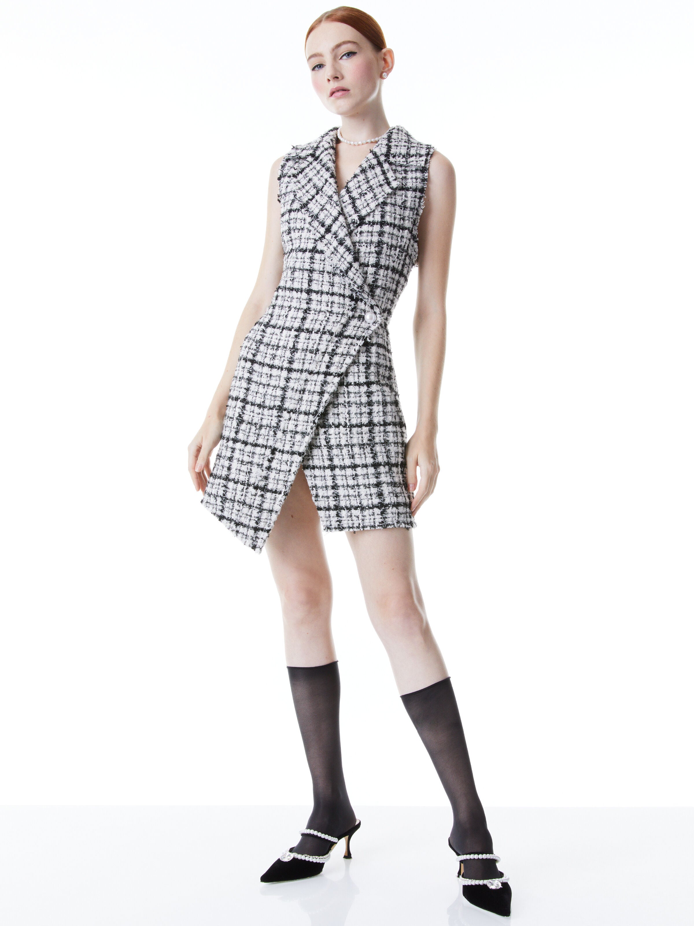 MERI SLEEVELESS DOUBLE BREASTED MINI DRESS-BLACK/OFF WHITE-ALICE + OLIVIA