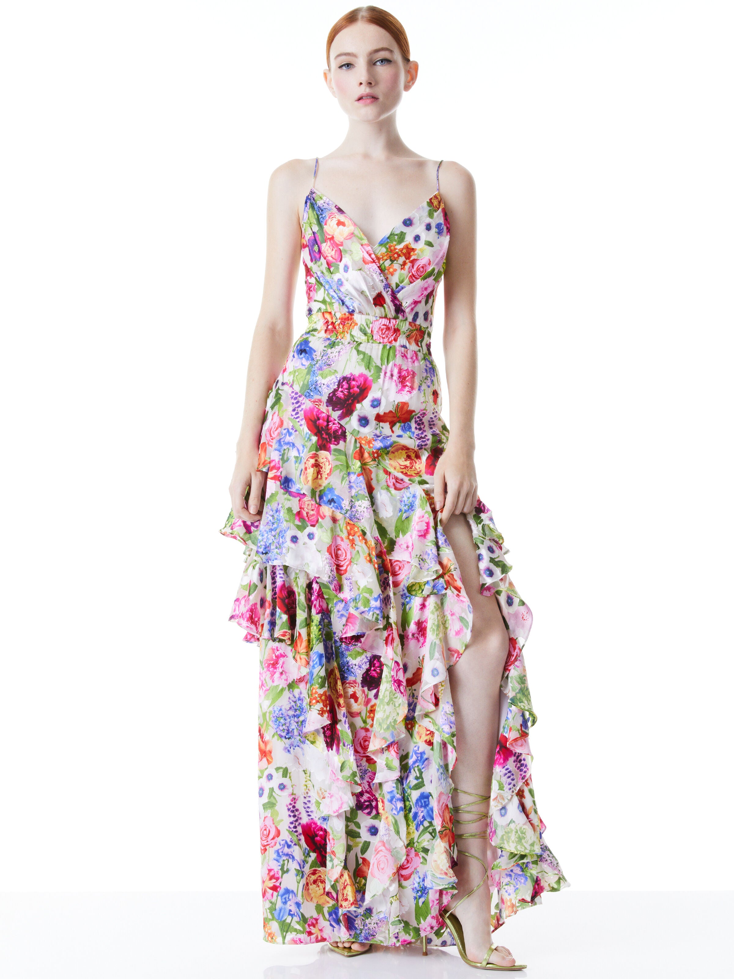 HAYDEN V-NECK FRONT RUFFLE DRESS-FLOWER SHOP-ALICE + OLIVIA