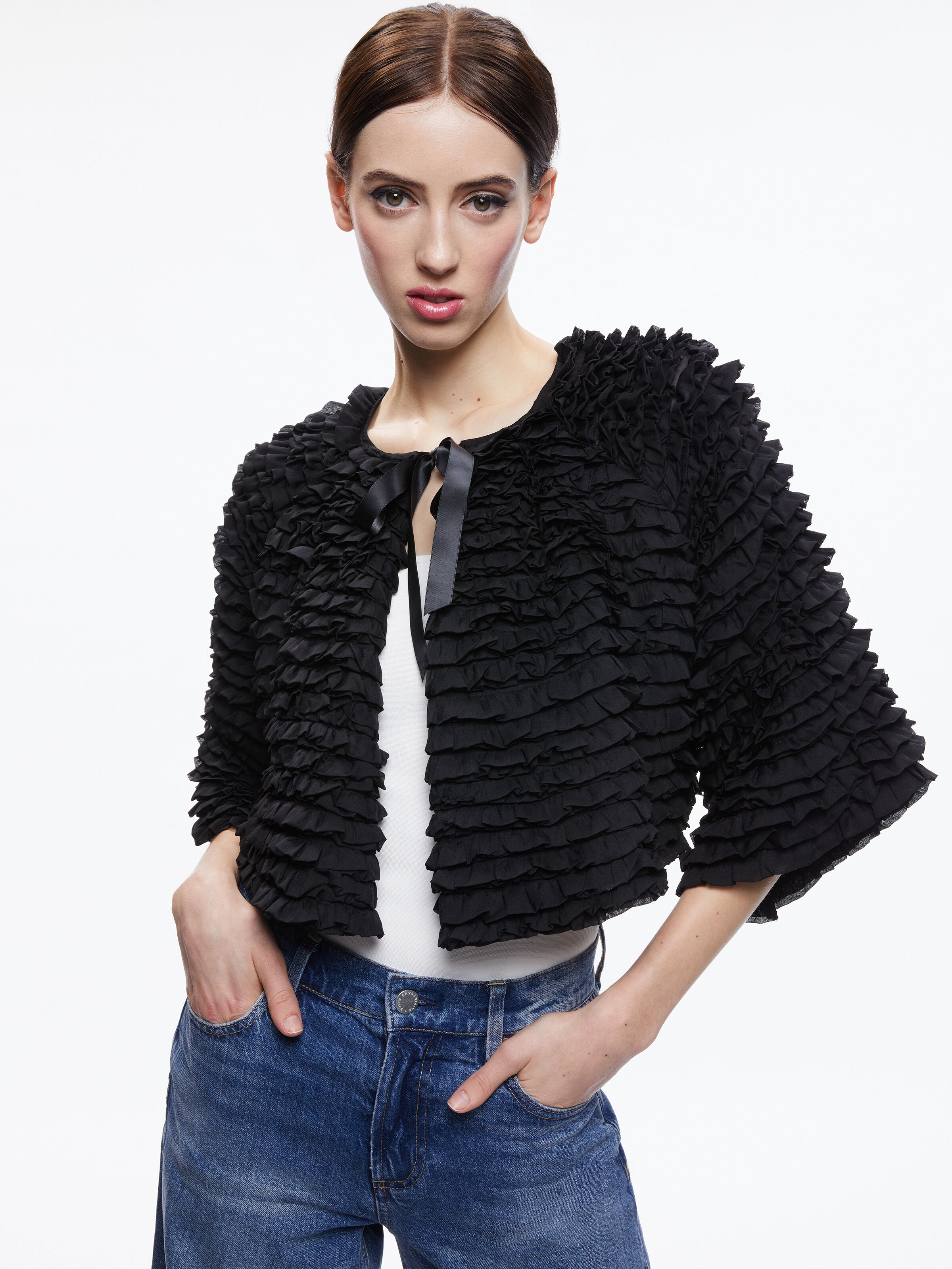 LOREE RUFFLE TIE FRONT CROPPED JACKET-Black-ALICE + OLIVIA