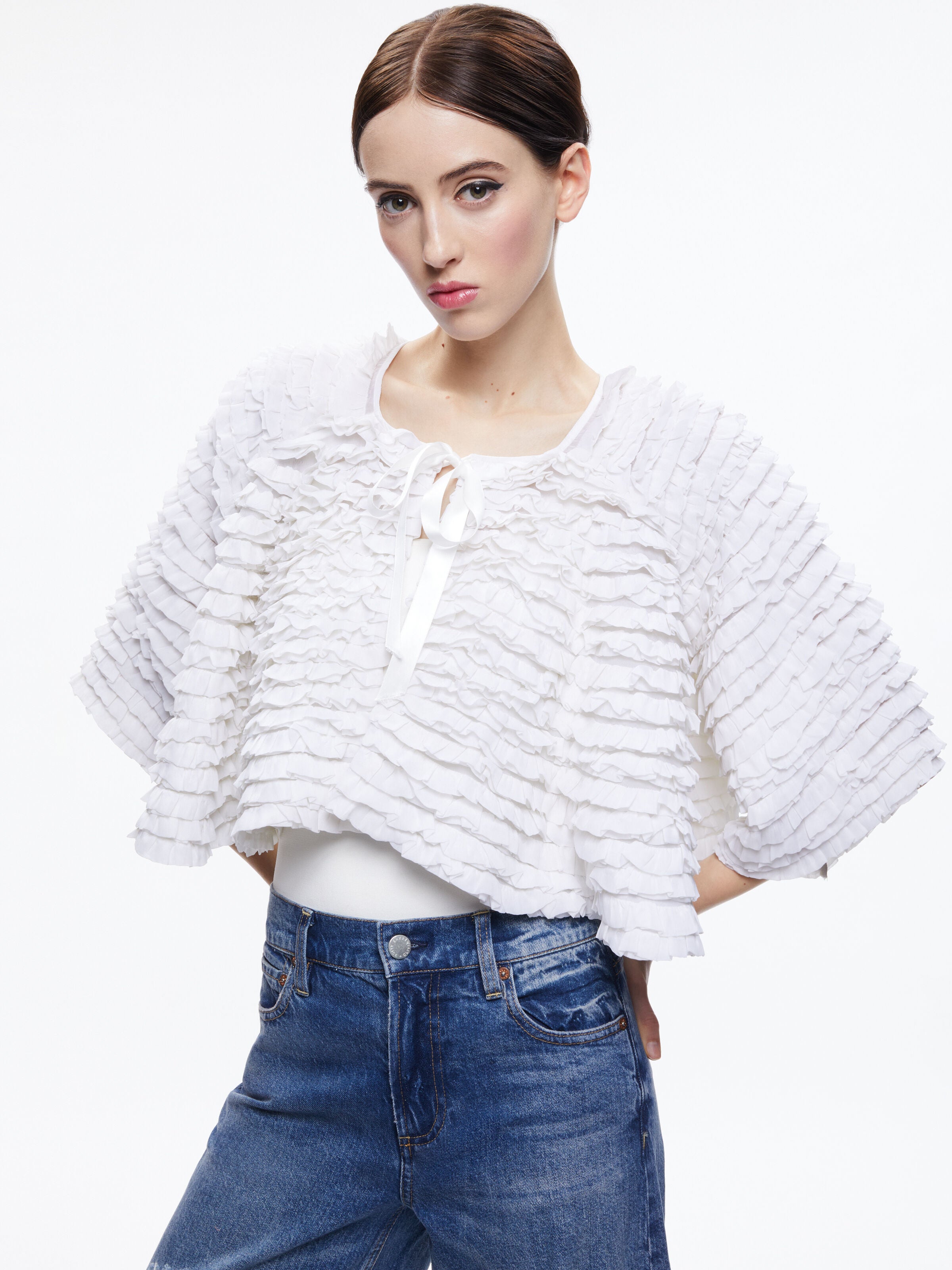 LOREE RUFFLE TIE FRONT CROPPED JACKET-Black-ALICE + OLIVIA