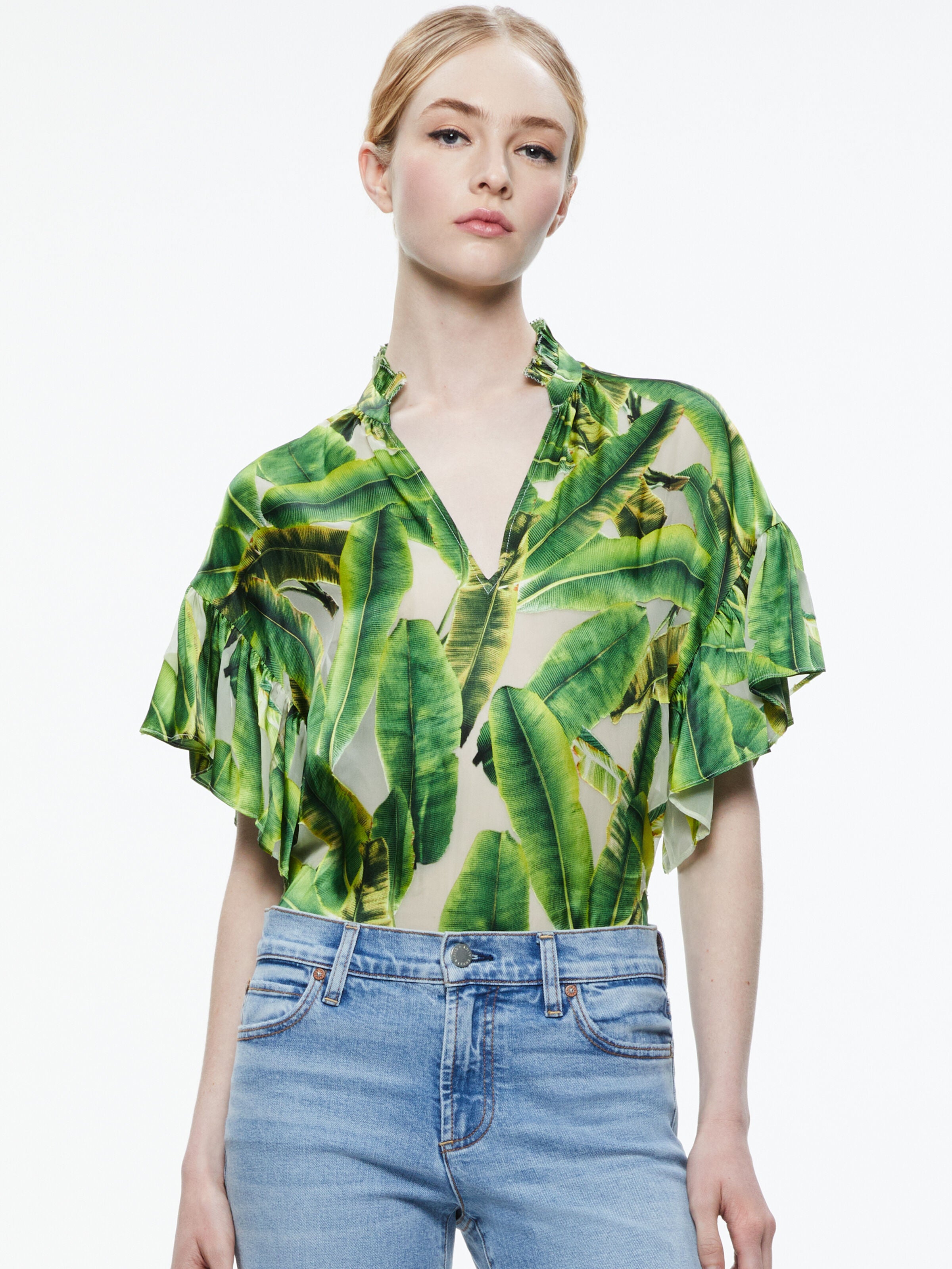 JULIUS MANDARIN COLLAR FLUTTER SLEEVE TOP-SUN PALM OFF WHITE-ALICE + OLIVIA