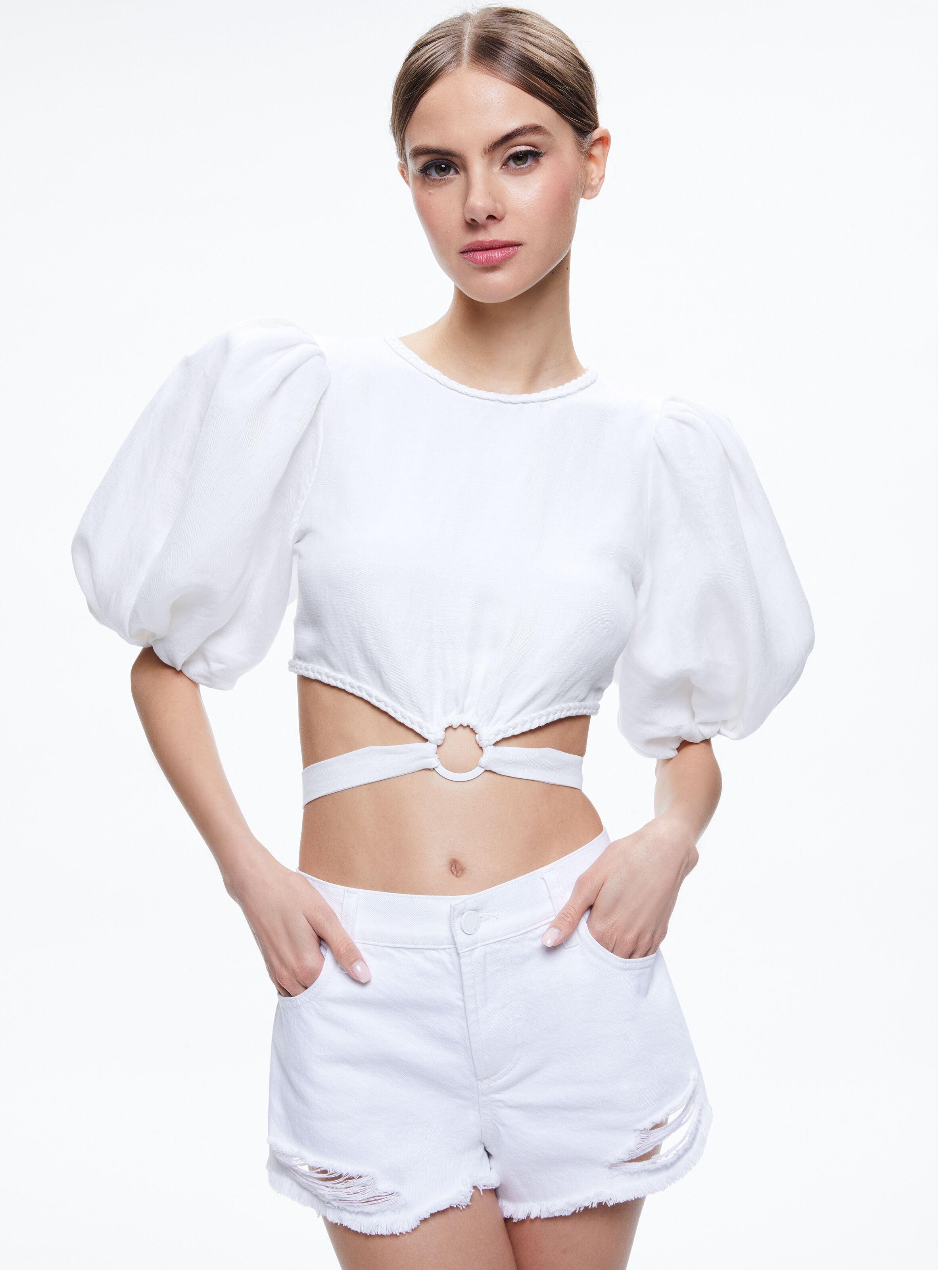 COLETTE TIE PUFF SLEEVE CROP TOP-CHILI PEPPER-ALICE + OLIVIA