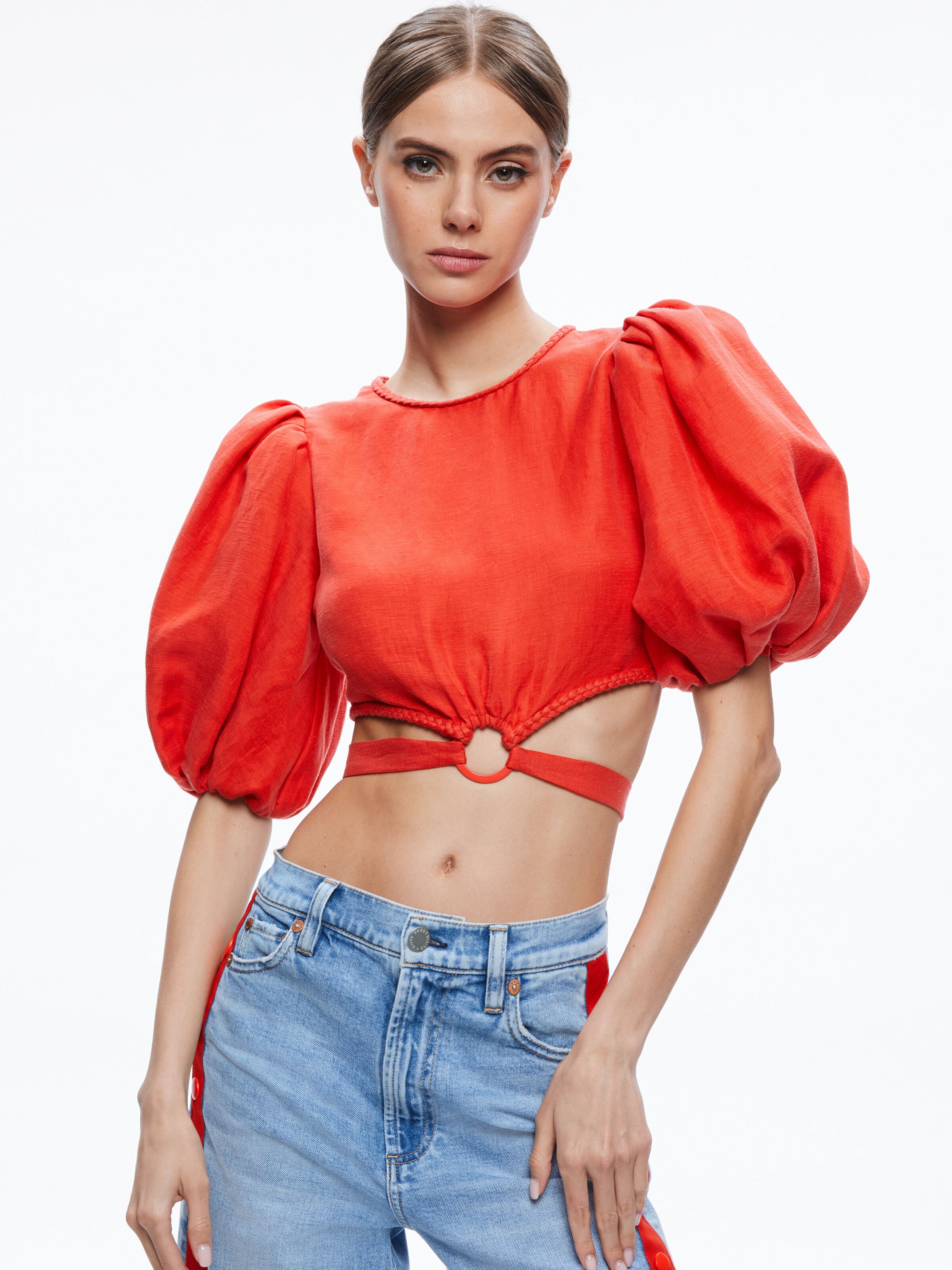 COLETTE TIE PUFF SLEEVE CROP TOP-CHILI PEPPER-ALICE + OLIVIA