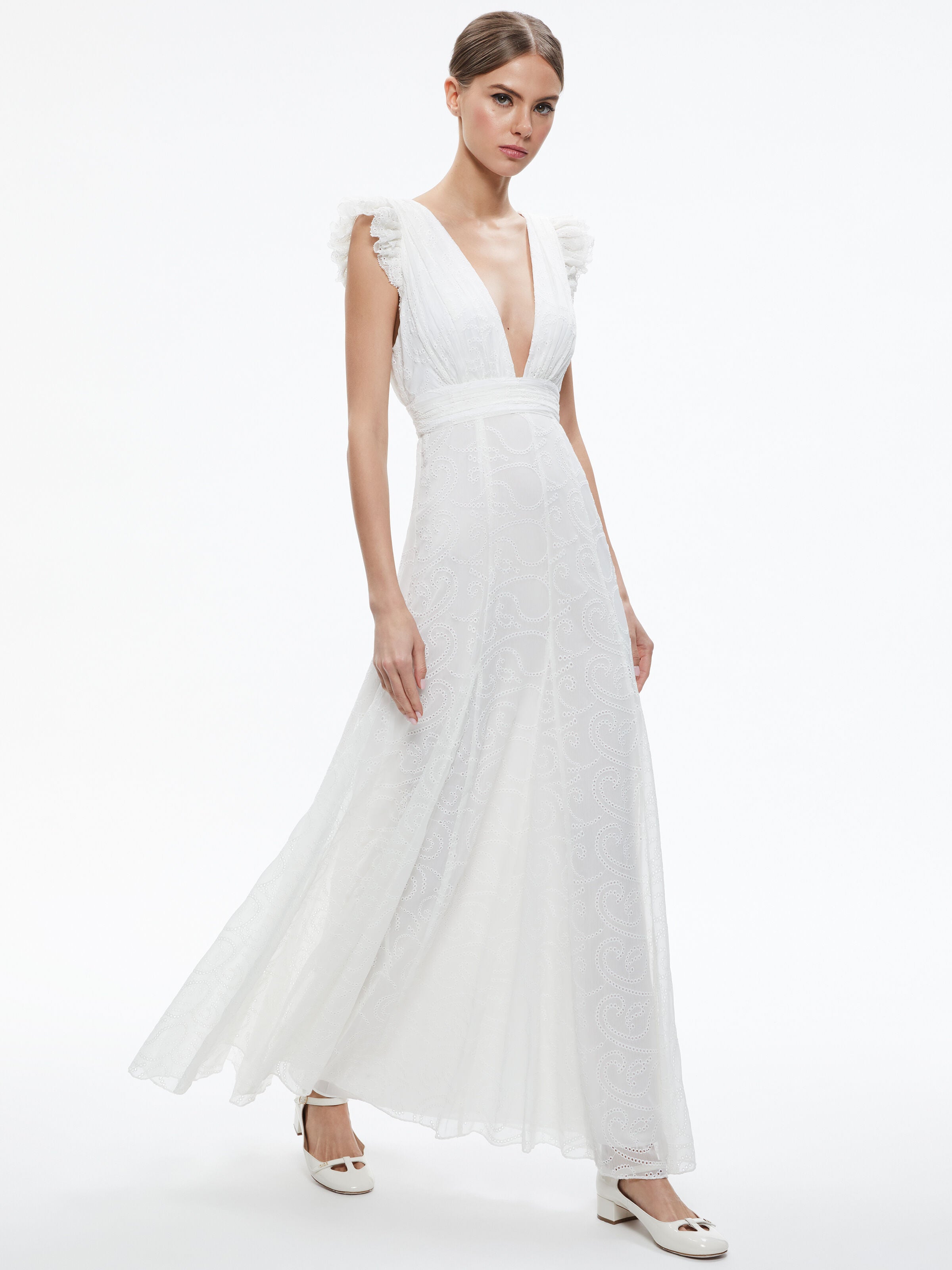 VANNA V-NECK RUFFLE SLEEVE MAXI DRESS-WHITE-ALICE + OLIVIA