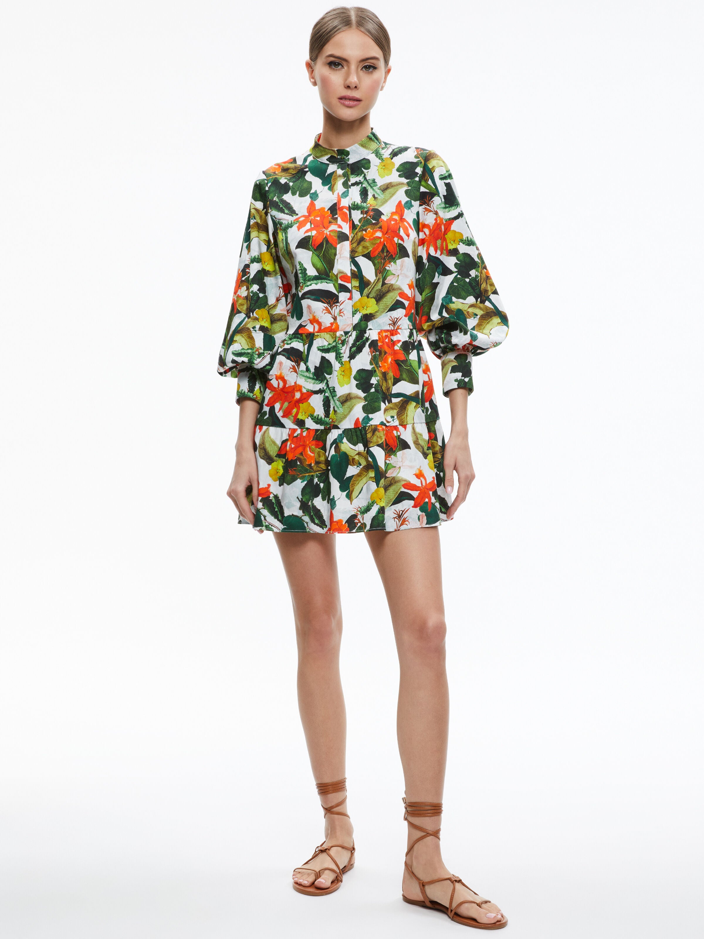 CAILIN BUTTON FRONT BLOUSON SLEEVE MINI DRESS-TROPICAL SUNRISE OFF WHITE-ALICE + OLIVIA