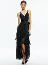 EMELIA V-NECK EYELET RUFFLE MAXI DRESS-Black-ALICE + OLIVIA