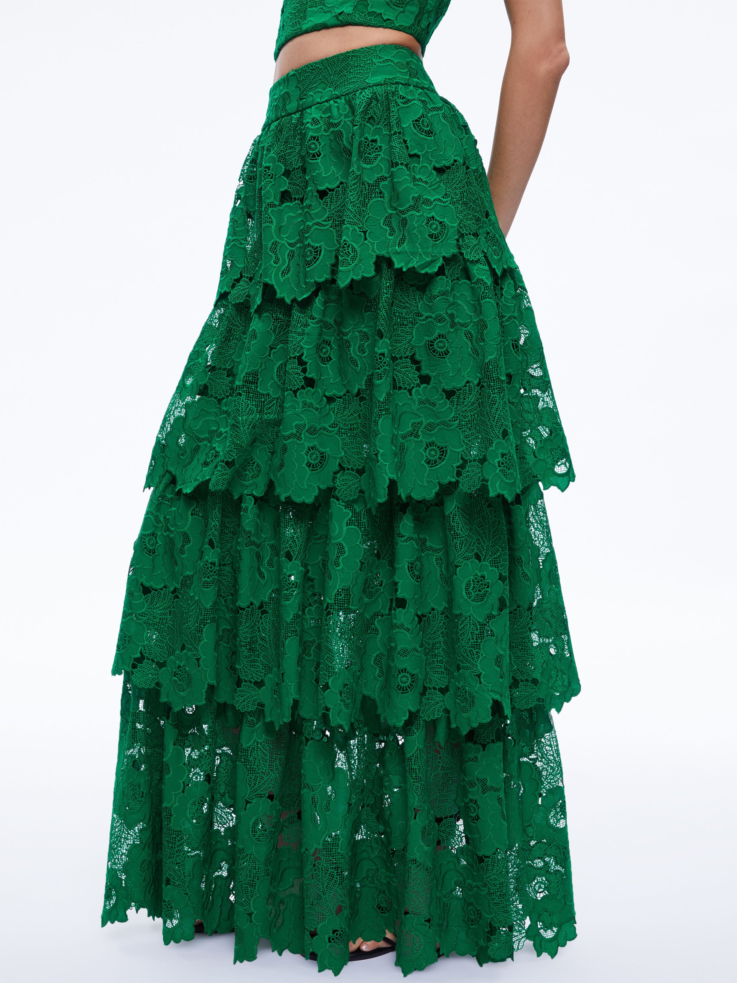 JIA EYELET TIERED RUFFLE MAXI SKIRT-EMERALD-ALICE + OLIVIA