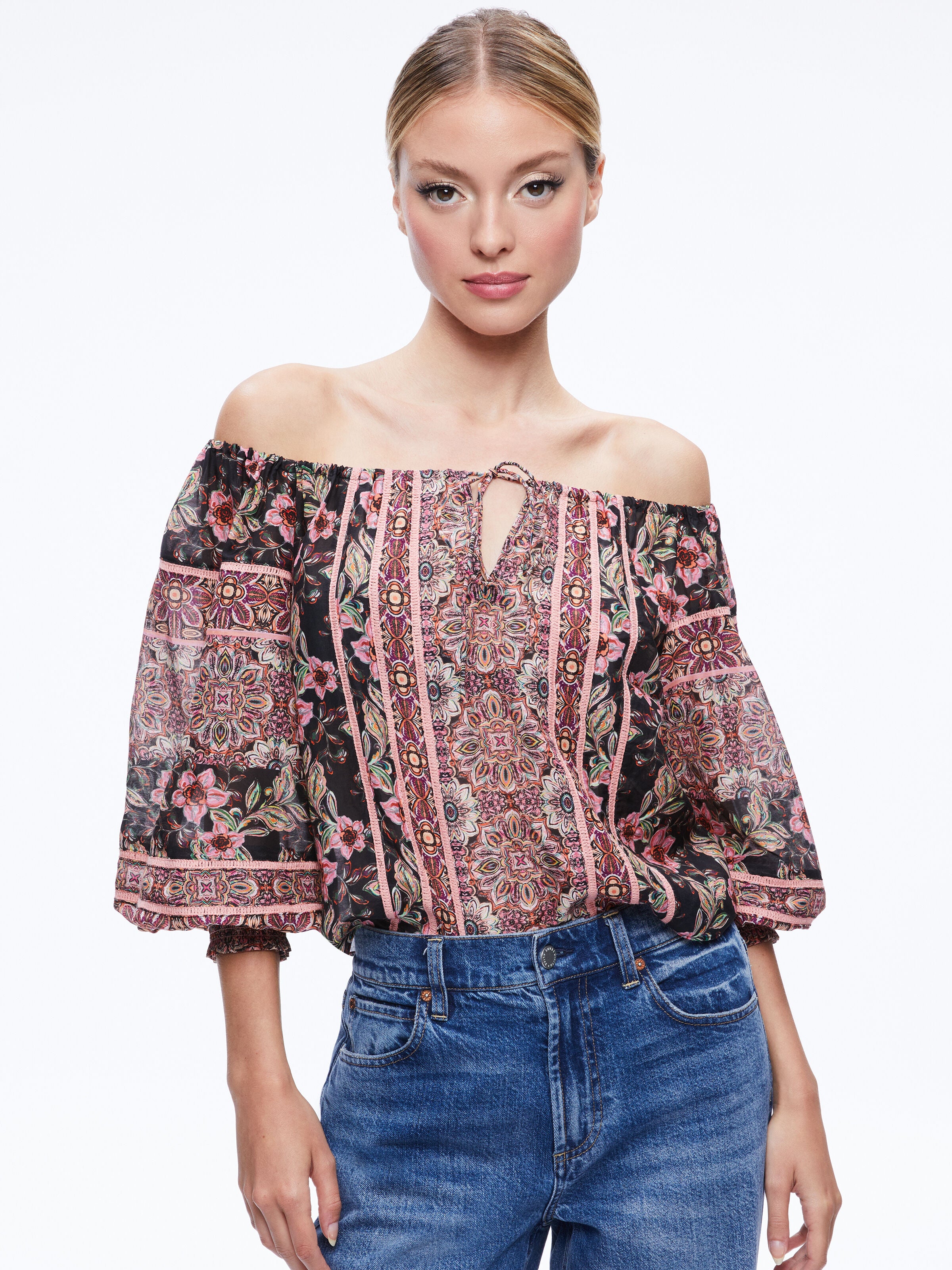ALTA EMBROIDERED OFF THE SHOULDER BLOUSE-CANOPY TILE BLACK-ALICE + OLIVIA