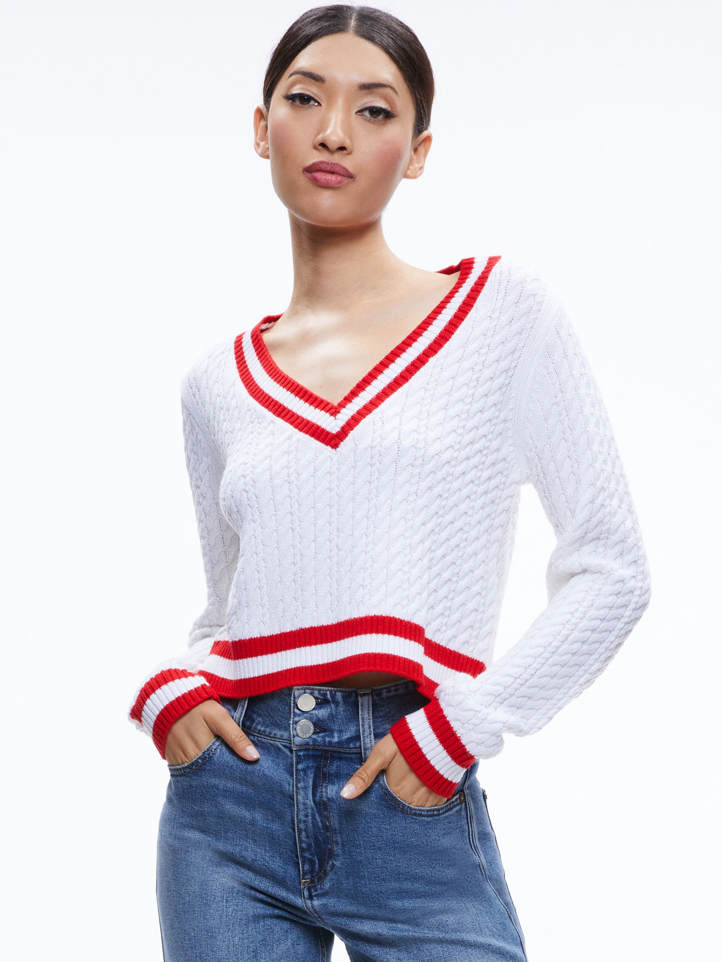 MARIKA CABLE KNIT V-NECK PULLOVER-SOFT WHITE/PERFECT RUBY-ALICE + OLIVIA