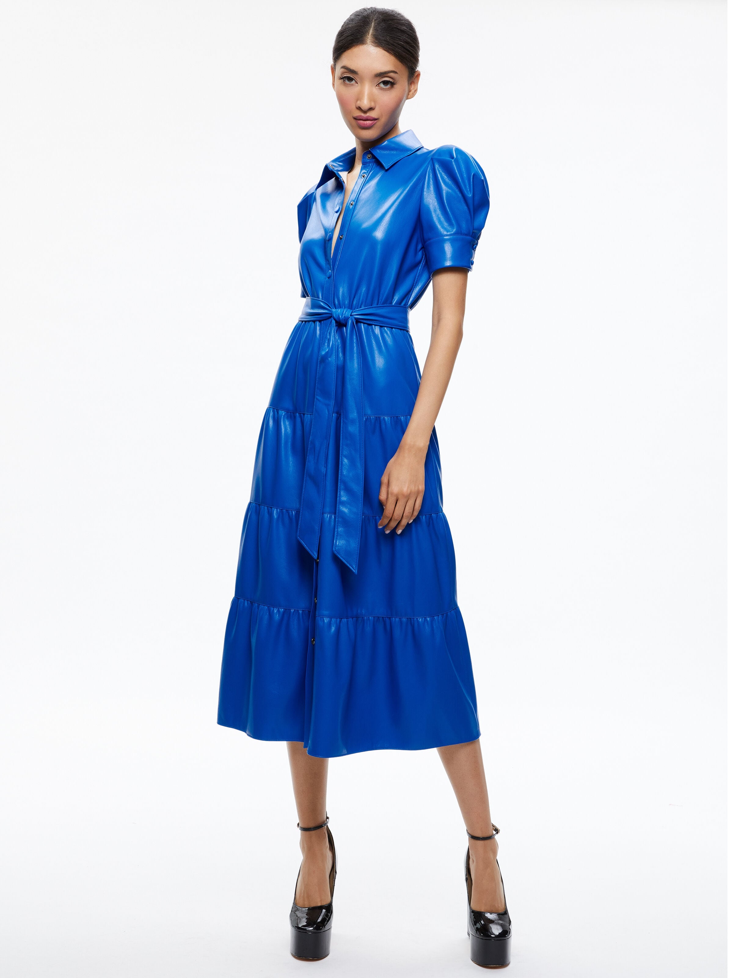 MIRANDA VEGAN LEATHER TIERED DRESS-SAPPHIRE-ALICE + OLIVIA