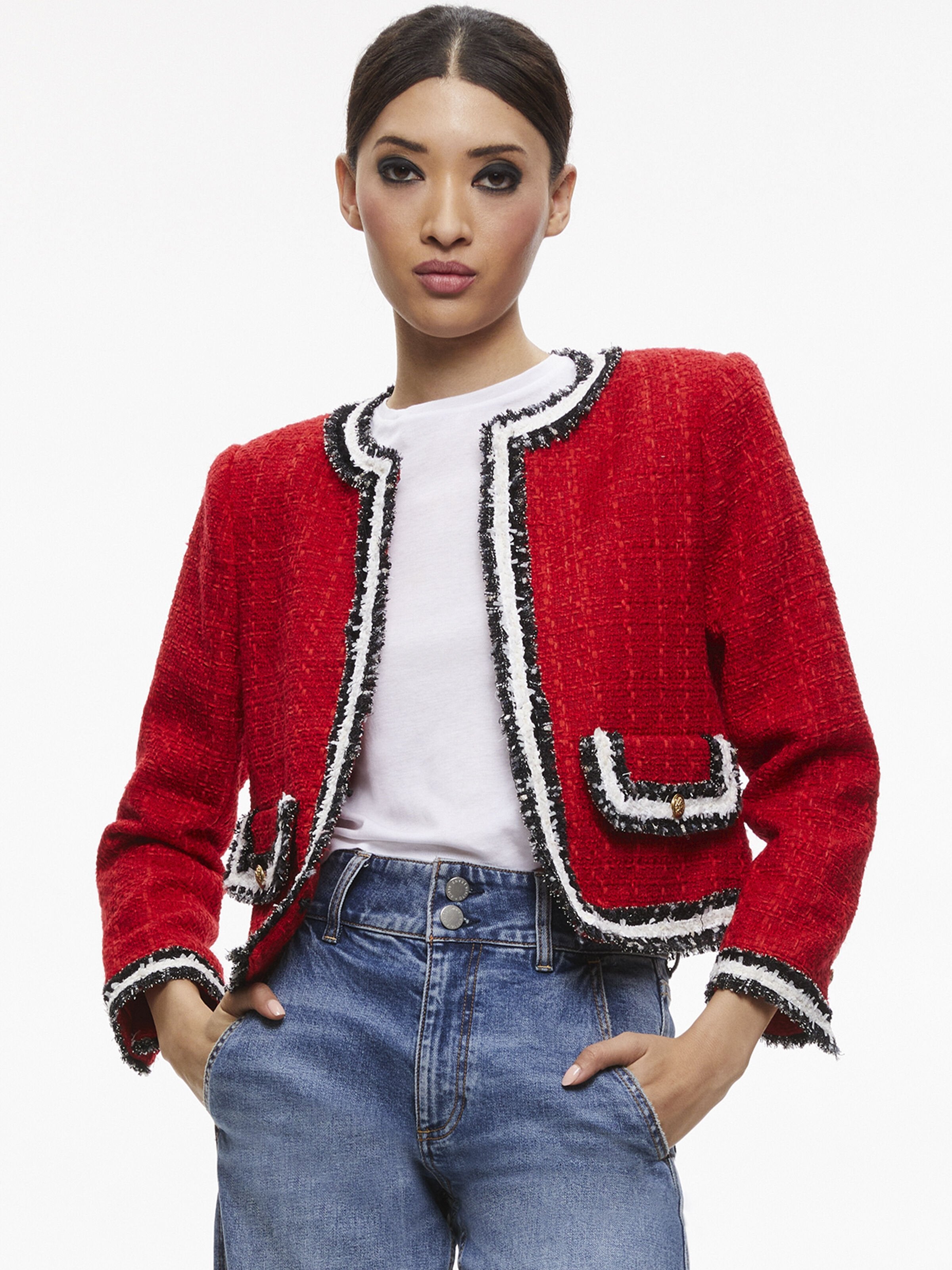 LANDON TWEED CROPPED JACKET-PERFECT RUBY/BLACK/WHITE-ALICE + OLIVIA