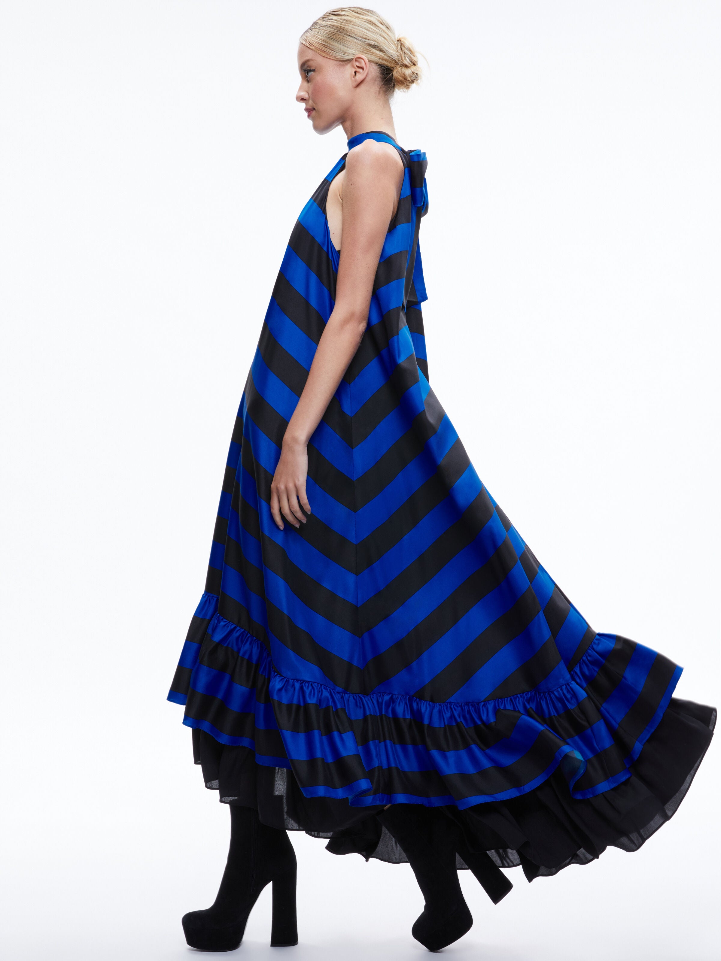 JOVIE HALTER NECK HIGH LOW MAXI DRESS-SAPPHIRE/BLACK STRIPE-ALICE + OLIVIA