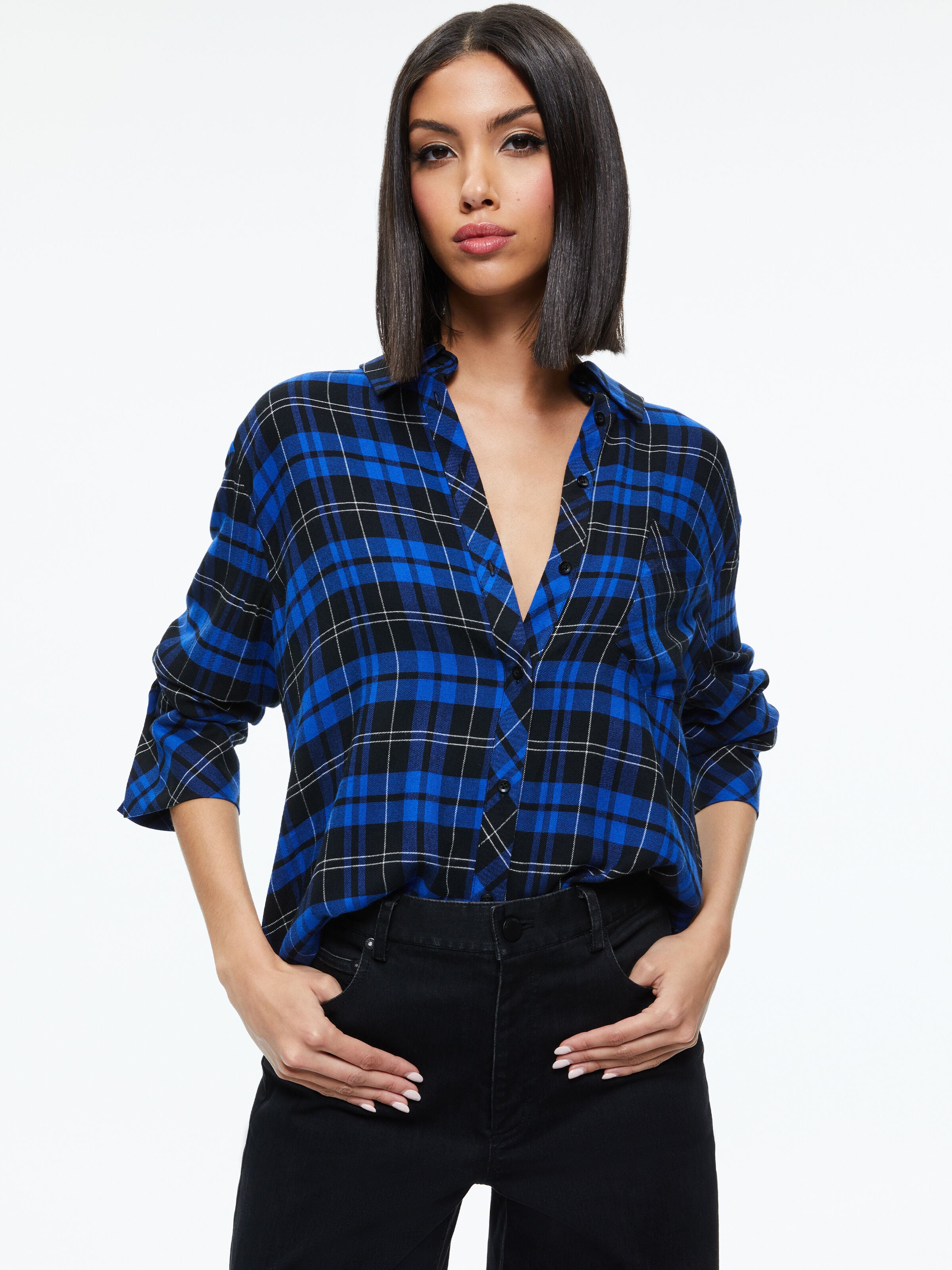 FINELY FLANNEL BUTTON DOWN-SCHOOLGIRL PLAID SAPPHIRE-ALICE + OLIVIA