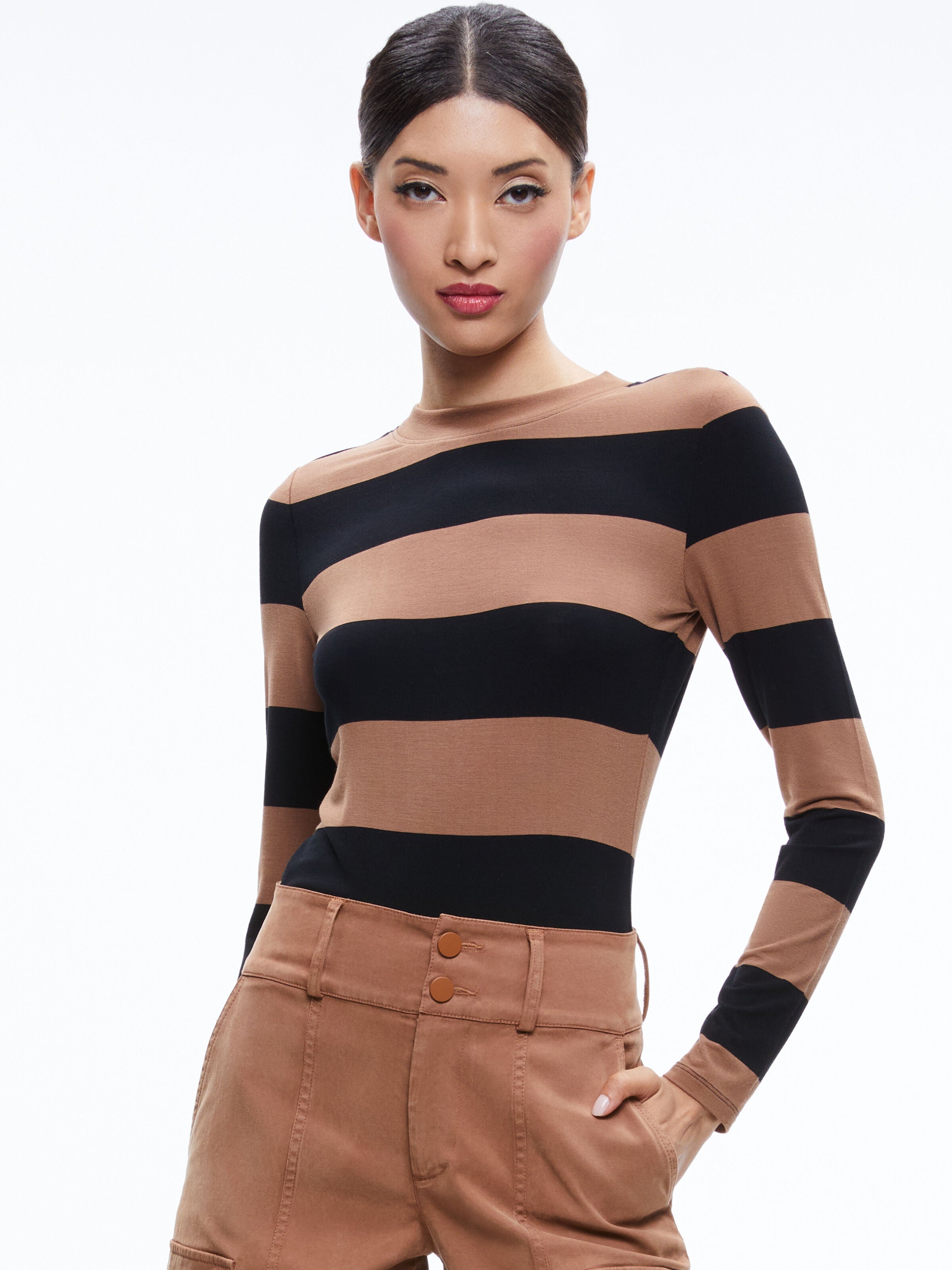 DELAINA LONG SLEEVE TOP-CAMEL/BLACK STRIPE-ALICE + OLIVIA