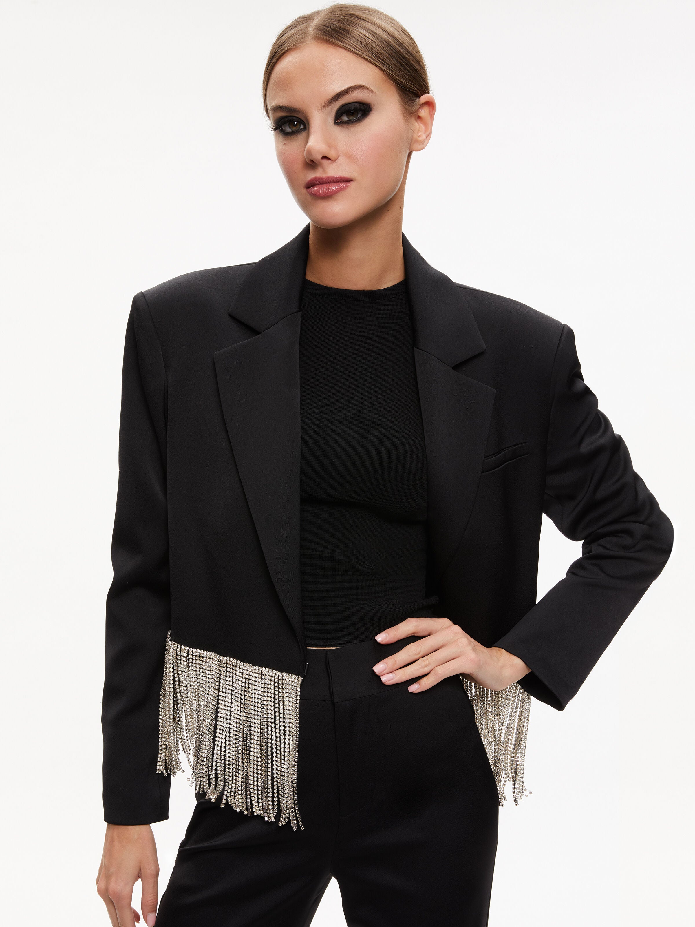 SHAN CRYSTAL FRINGE BLAZER-Black-ALICE + OLIVIA