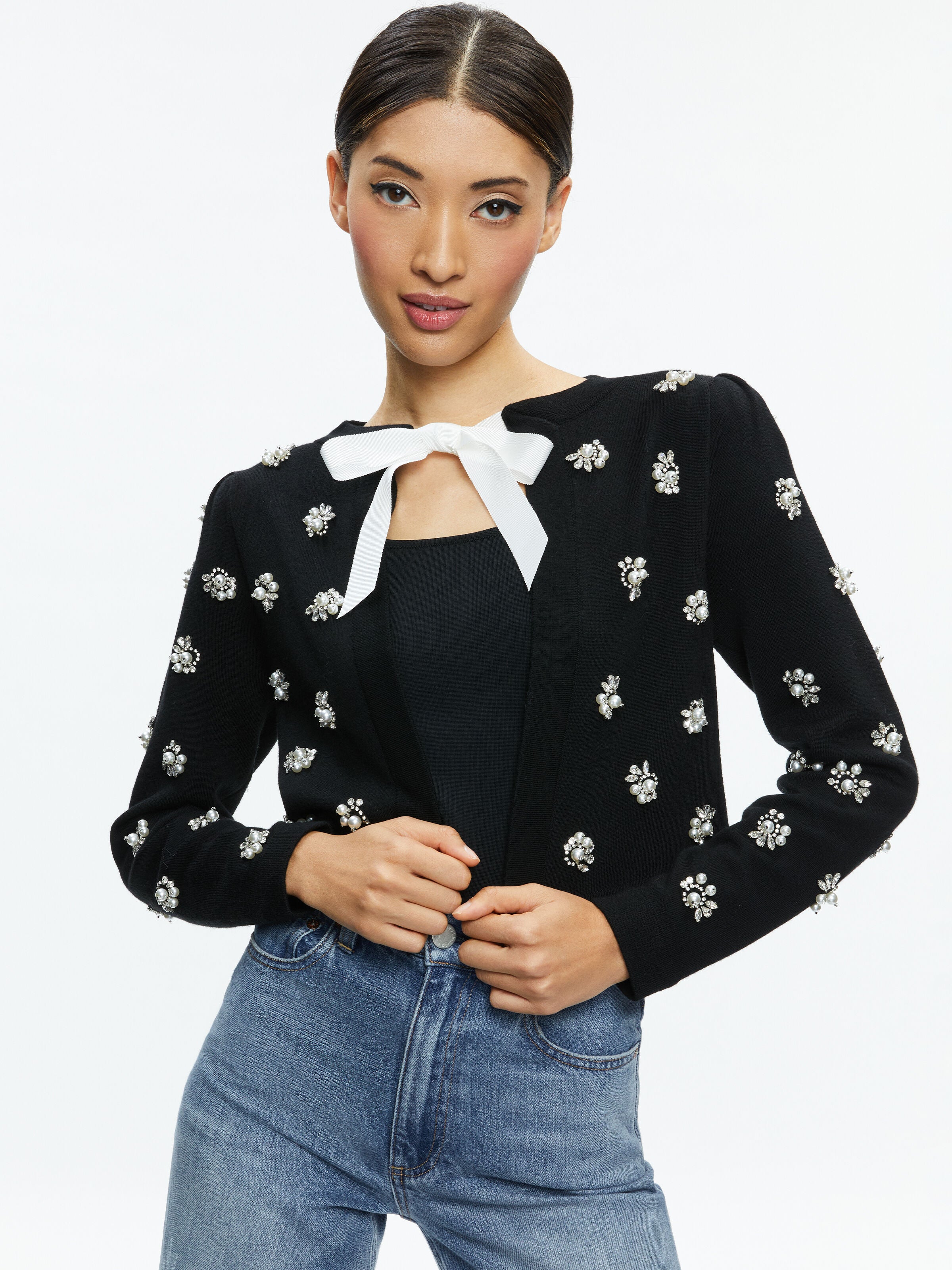 TRINA EMBELLISHED CROPPED CARDIGAN-Black-ALICE + OLIVIA