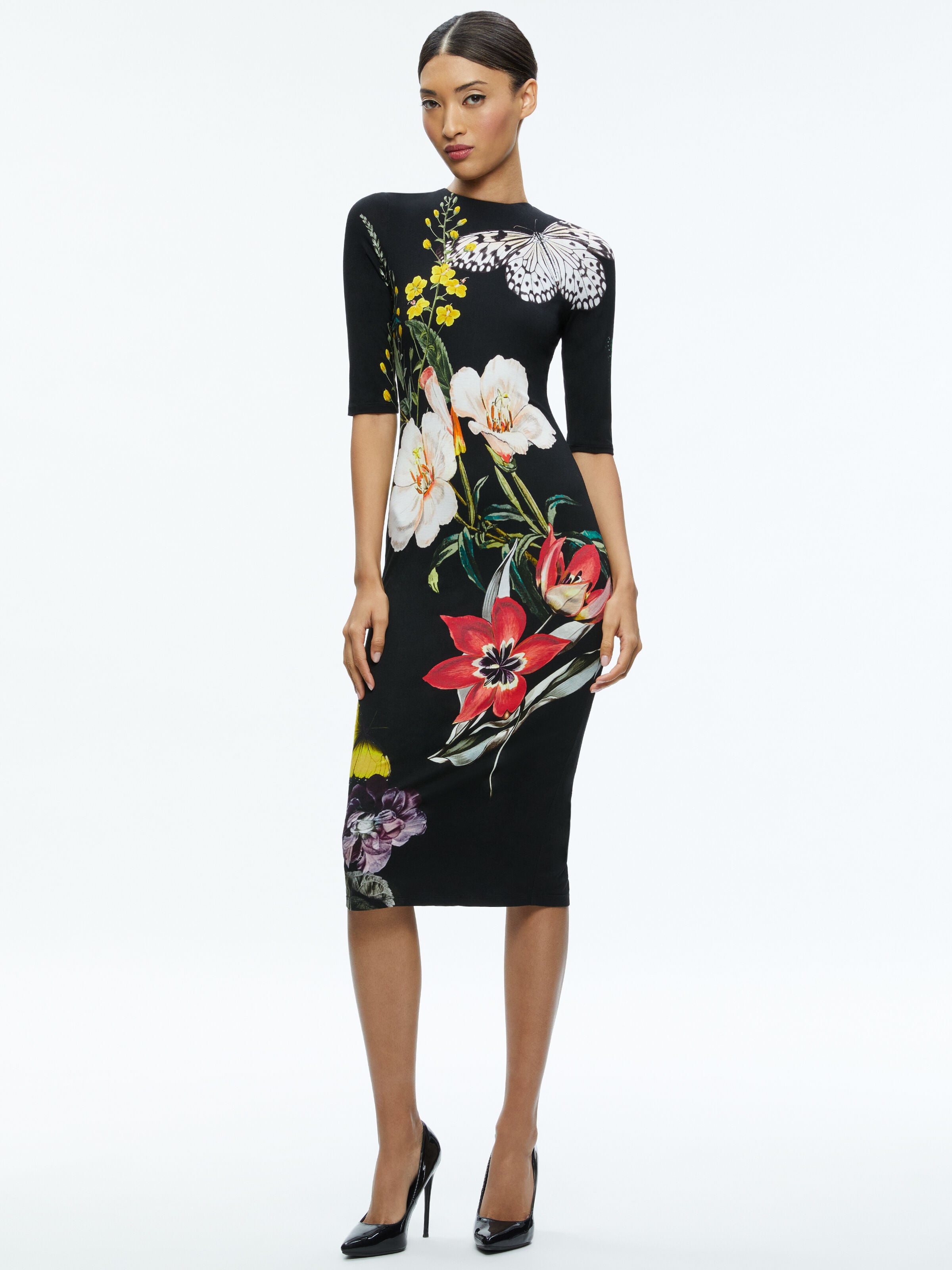 ROBE MIDI À COL ROND ET MOTIFS FLEURIS DELORA