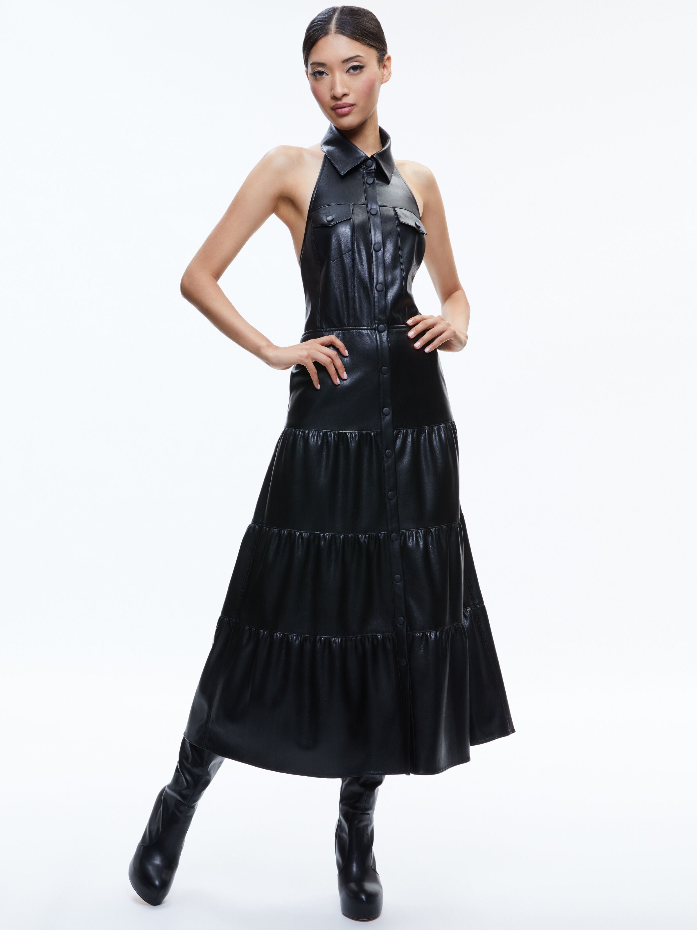 MIRANDA VEGAN HALTER NECK TIERED MIDI DRESS-Black-ALICE + OLIVIA