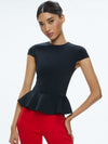 POPPY CREW NECK CAP SLEEVE PEPLUM TOP-Black-ALICE + OLIVIA