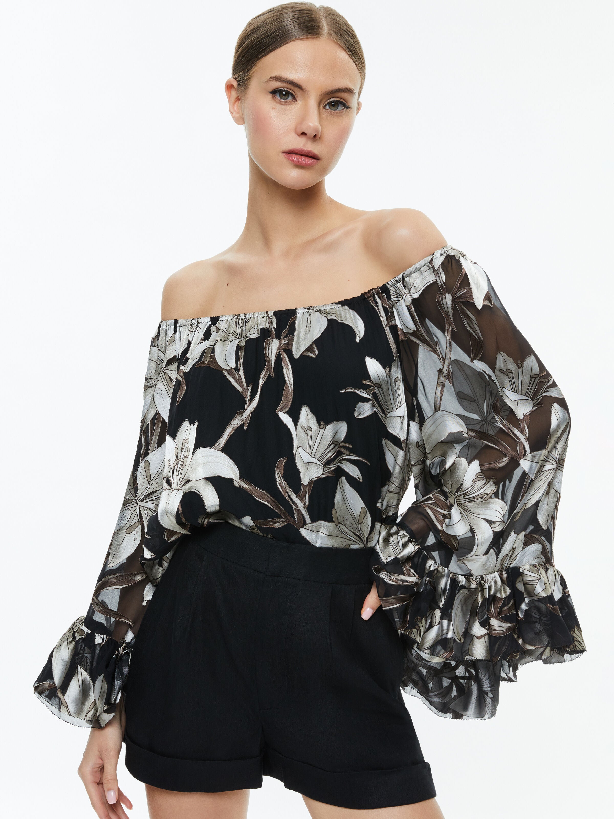 ARDELIA OFF THE SHOULDER TOP-STARGAZER BLACK LG-ALICE + OLIVIA